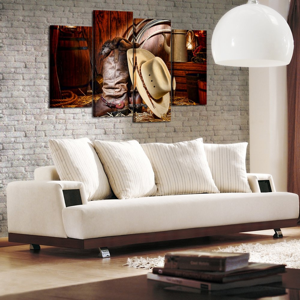 KREATIVE ARTS - 4 Pieces Canvas Prints Wall Art American West Rodeo Cowboy White Straw Hat on Leather Rancher Roper Boots Vintage Style Stretched Gallery Canvas Wrap Giclee Print Ready to Hang