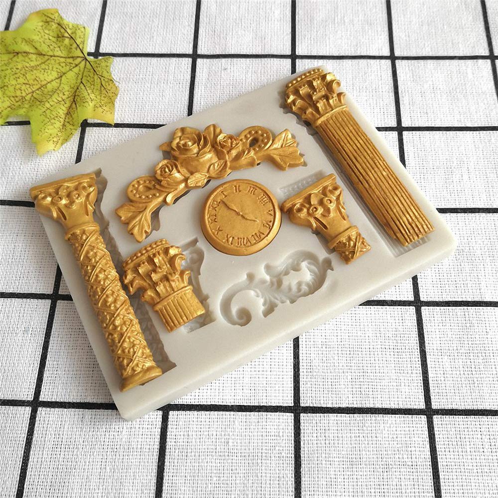 Set Of 2 Roman Column Silicone Fondant Mold Greek Marble Pillars Bas Relief Retro European Pattern Clock Gumpaste Chocolate Cand