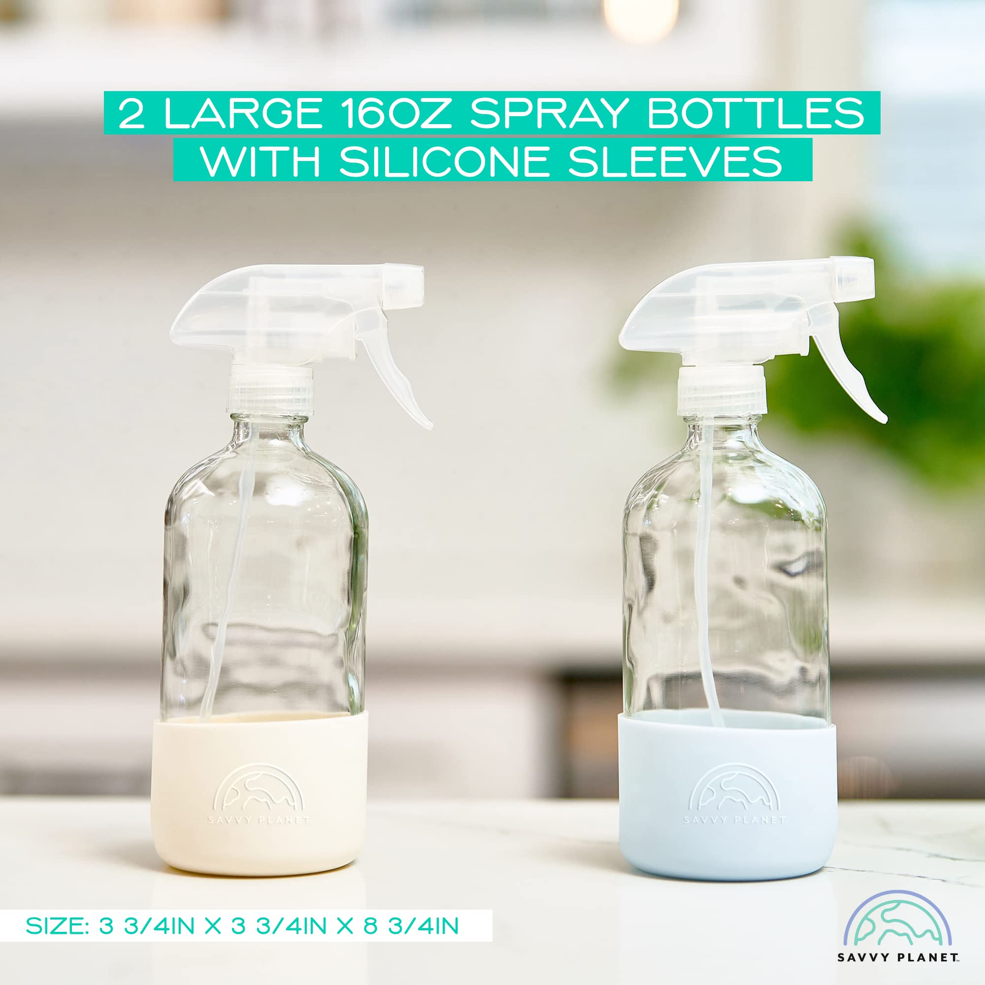 Savvy Planet - Glass Spray Bottles For Cleaning, Silicone Sleeve Bottom For Protection, Reusable Glass Spray Bottles 16 Oz With
