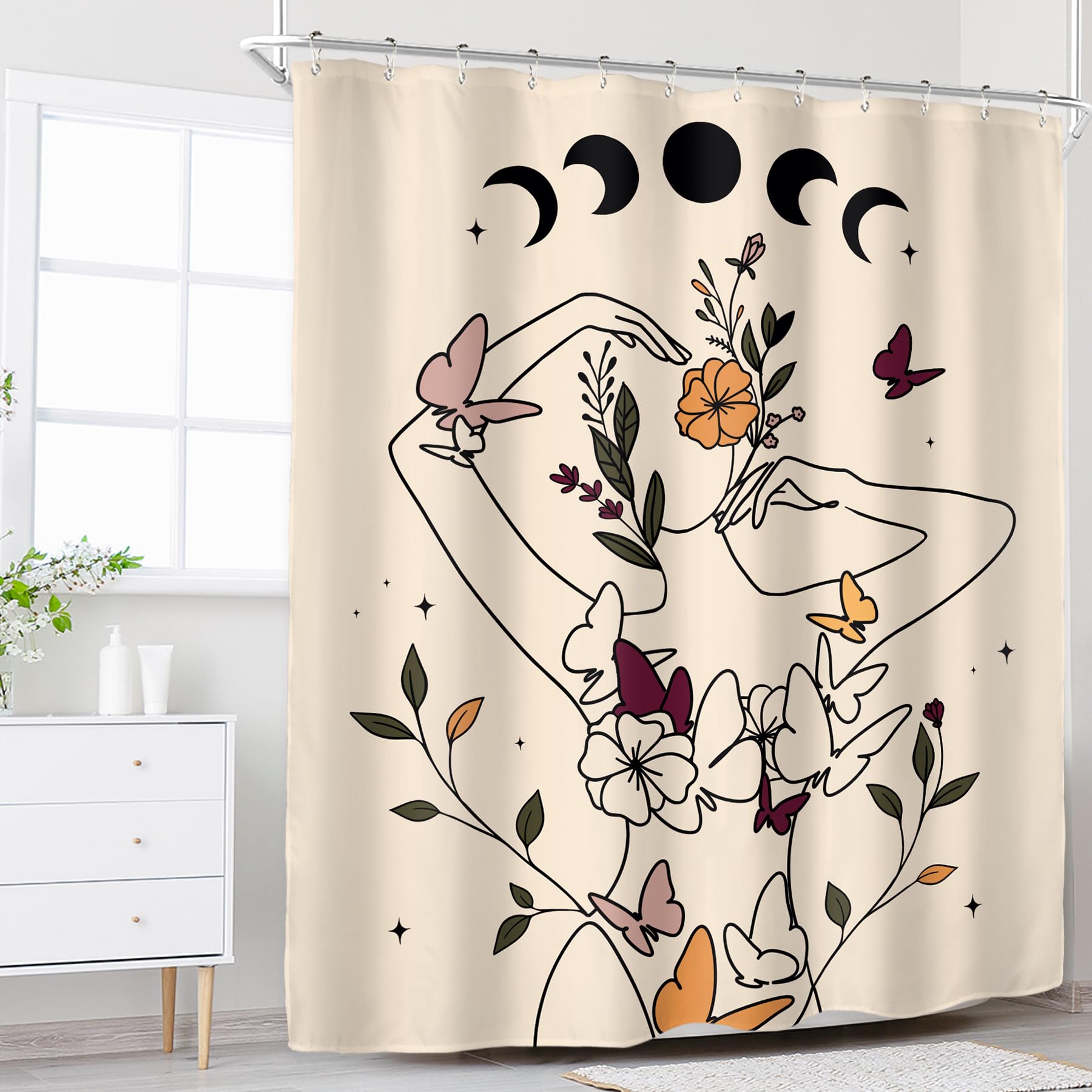 Riyidecor Abstract Woman Art Line Moon Phase Shower Curtain For Bathroom Decor 60Wx72H Floral Butterfly Body Modern Aesthetic Mi