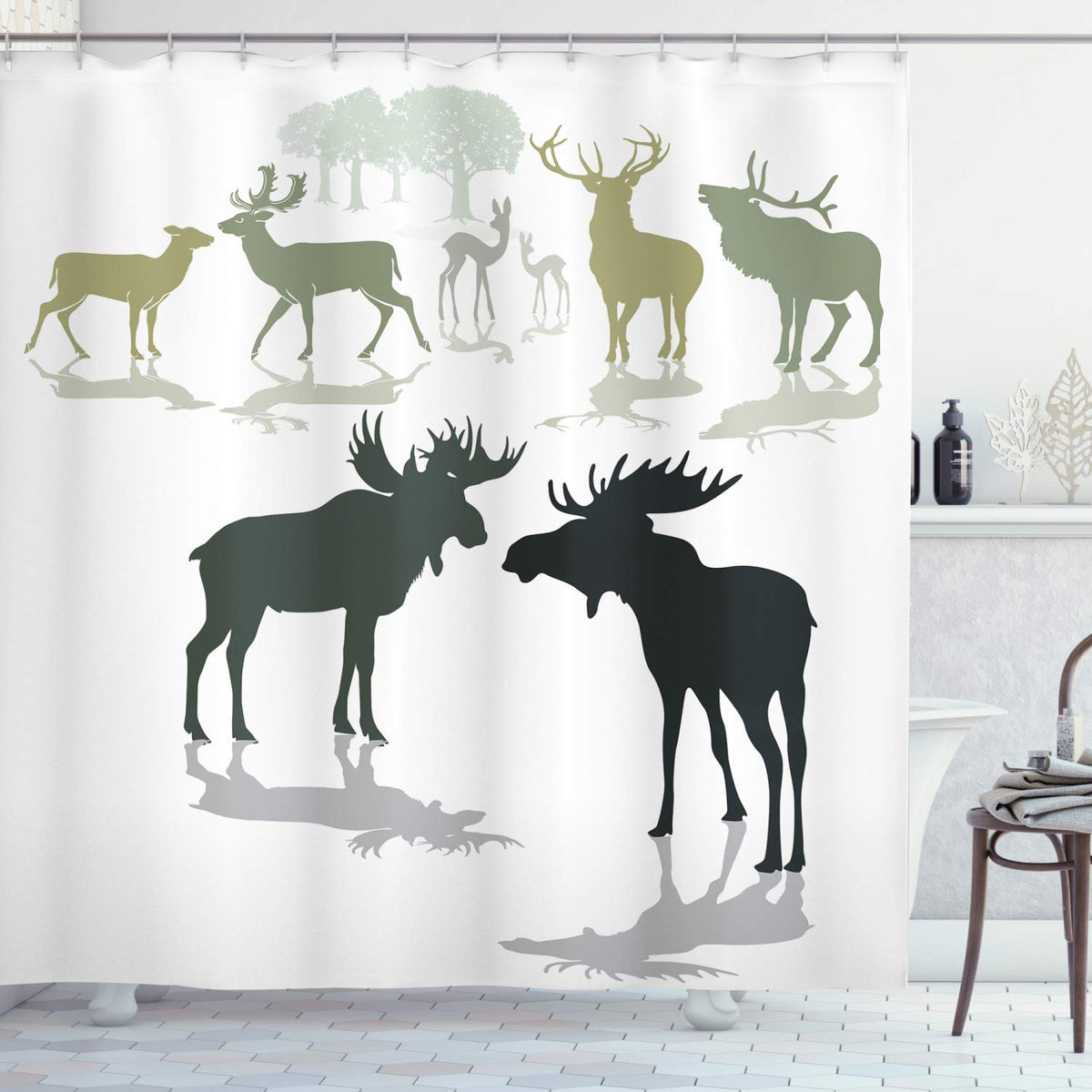 Ambesonne Antlers Shower Curtain, Elk Deer And Fawn Silhouette Forest At The Background World Natural Habitat Theme, Cloth Fabri