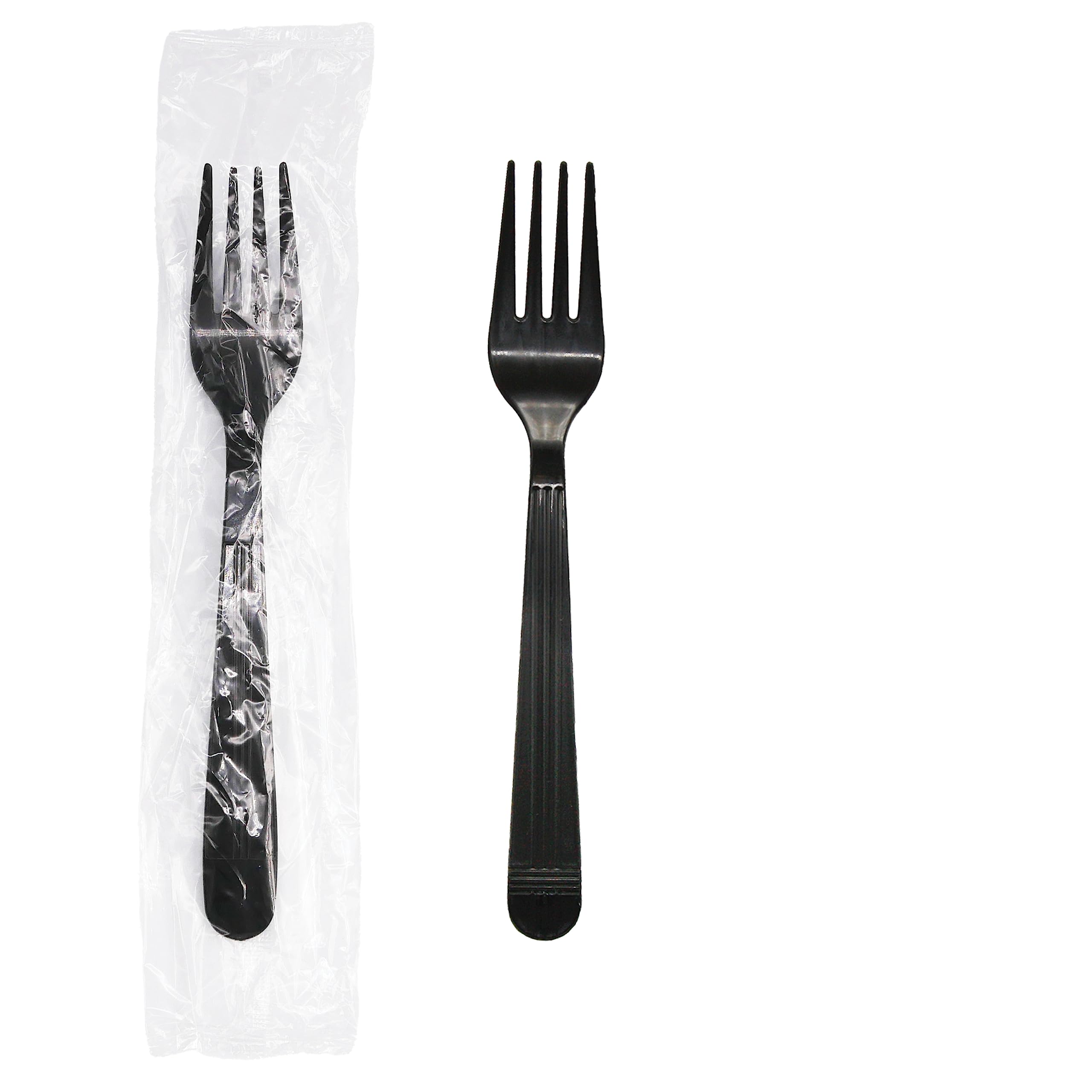 Party Essentials Individually Wrapped Black Plastic Utensil Sets/Heavy Duty Flatware Packs, Fork, 100 Sets