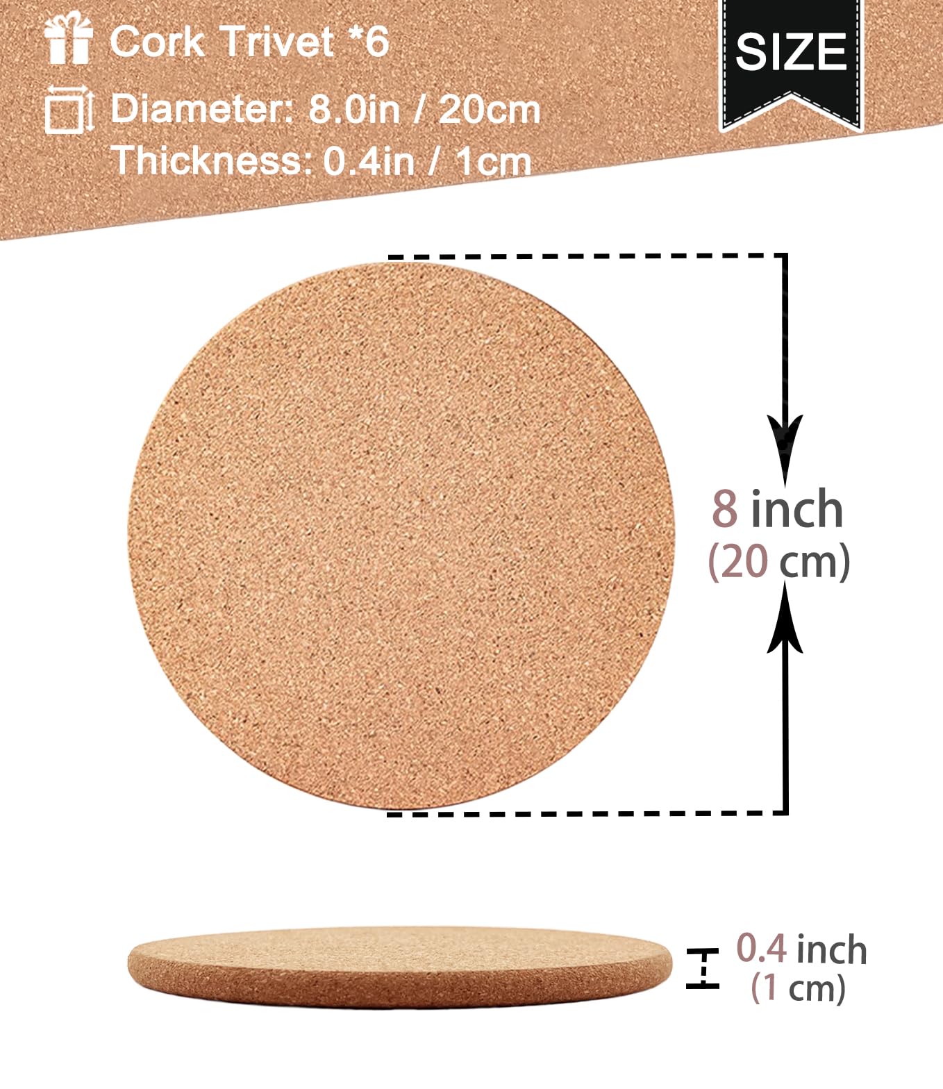 Kitlab Cork Trivet, 6 Pack High Density Thick Cork Coaster Set For Hot Dishes And Hot Pots, 8 Inch Heat Resistant Multifunctiona