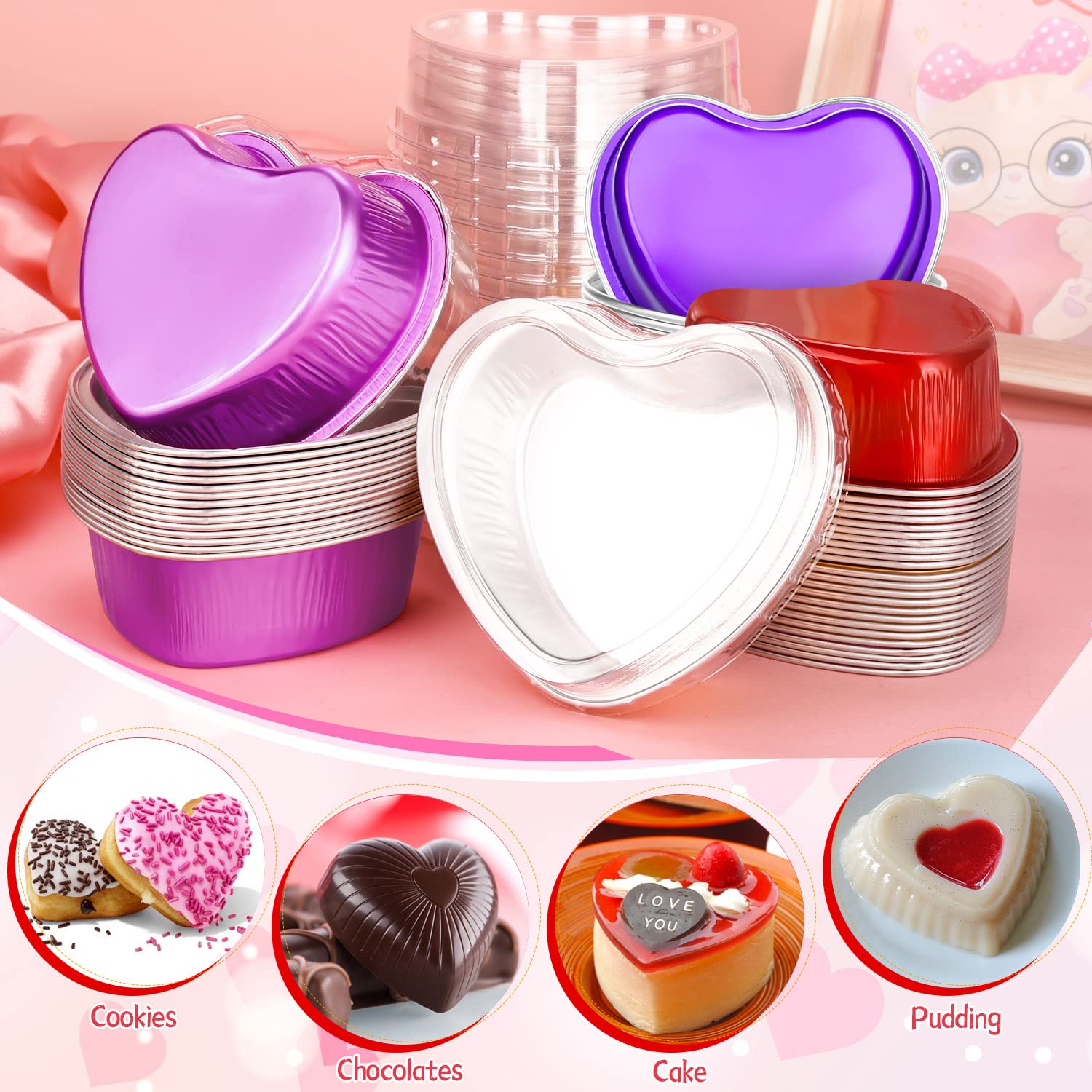 Ffniu Heart Shaped Aluminum Pans, 40 Packs Aluminum Heart Cake Pans With Lids For Baking, 3.4 Ounces/ 100 Ml Cupcake Cup Pan Bak