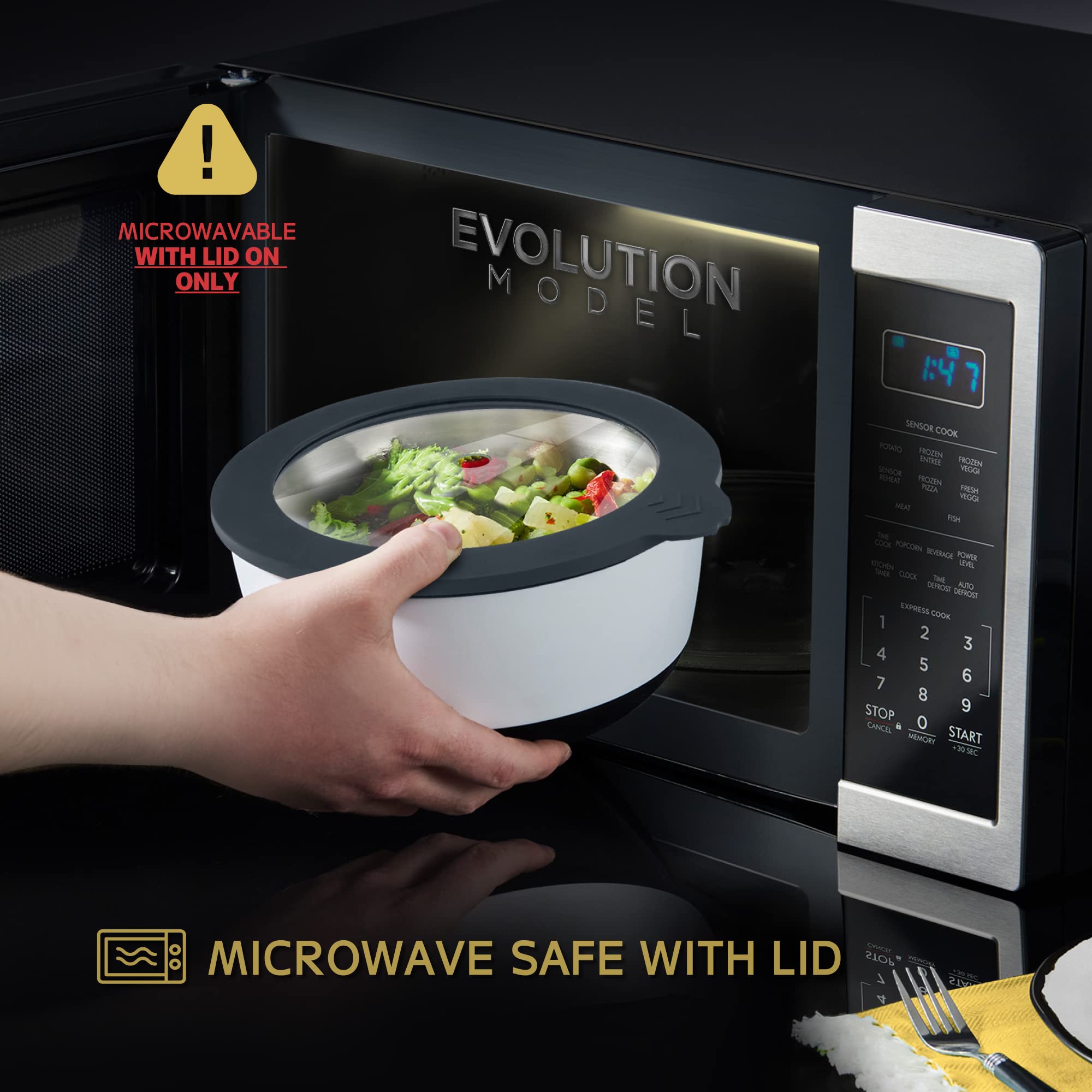 Earthmade Evolution Microwave Stainless Steel Mixing Bowl With Lid Set, 1.5Qt. 2Qt. 4.5Qt. Tempered Glass Lids- Glass Mixing Bow