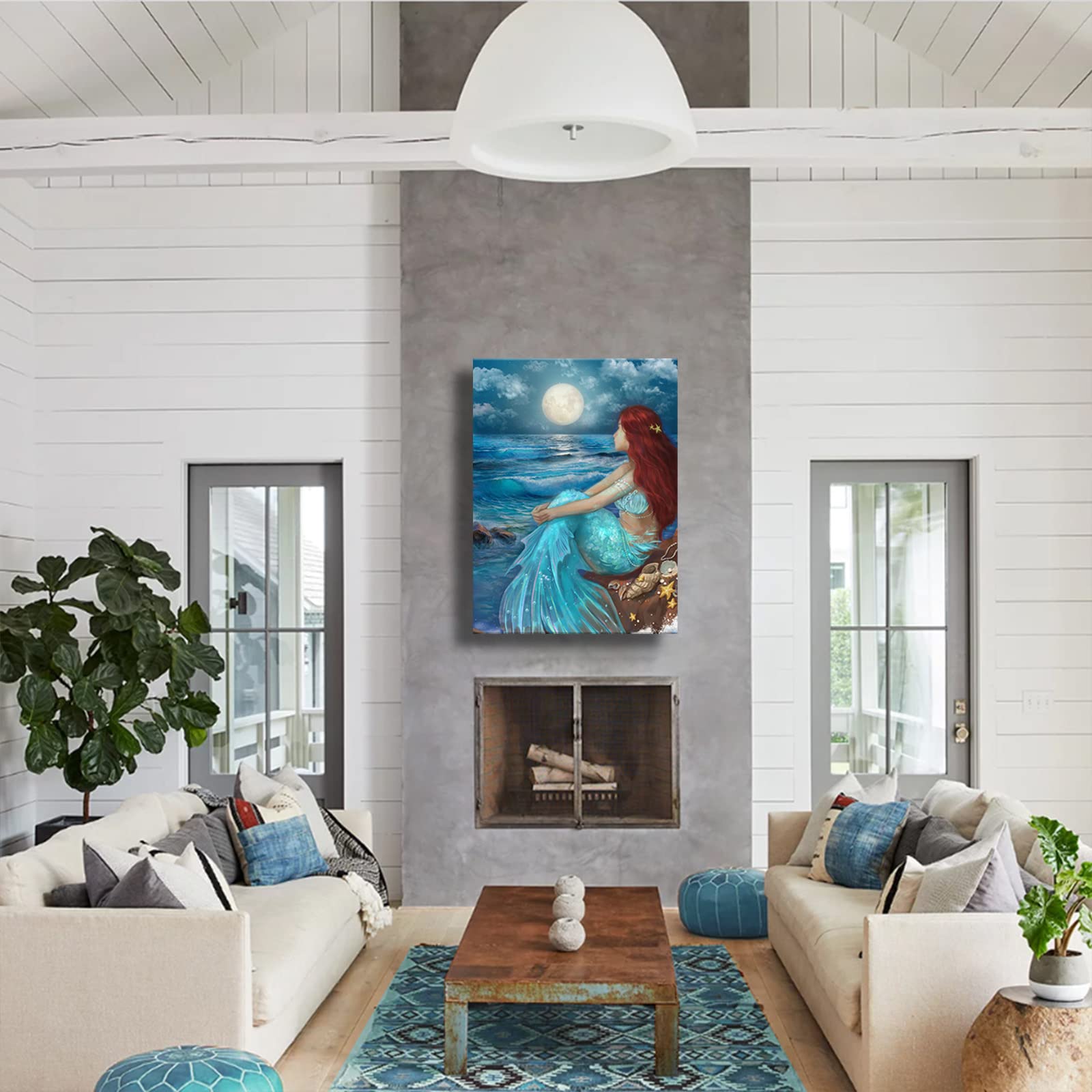 Sdya Aesthetic Wall Art For Living Room Bedroom Wall Decor Blue Canvas Prints Moon Night Artwork 24''X 36'' Girls Room Decor