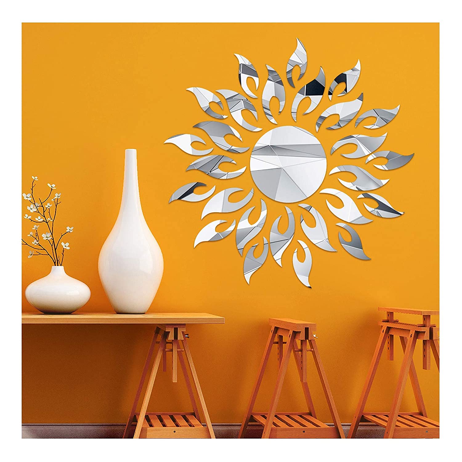 3D Mirror Sunlower Wall Decor Sticker, CUNYA Peel and Stick Wall Art Decals, Removable Acrylic Mirrors for Wall Living Room, Bed
