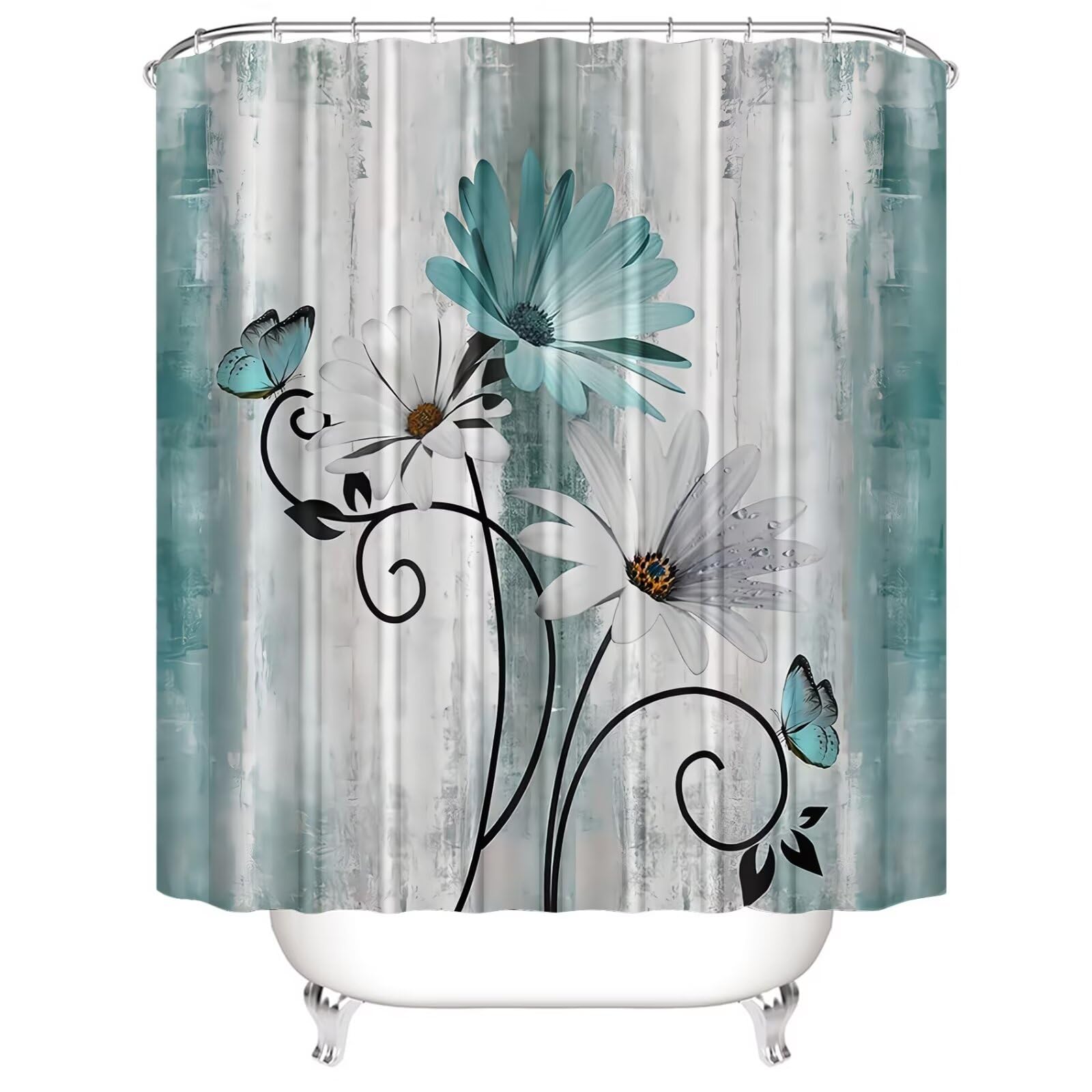 Azhm Rustic Farmhouse Shower Curtain Set 4Pcs Farm Teal Daisy Floral Bathroom Decor Set With Shower Curtain And Rugs And Accesso