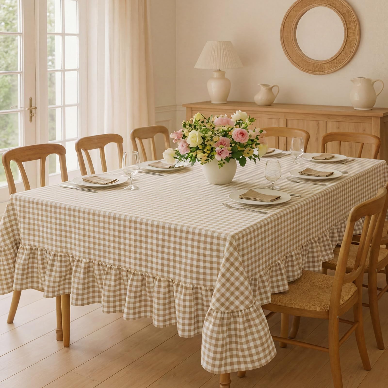 Mindsoft Light Brown Gingham Ruffled Tablecloth 70 x 52 Inches Rectangle Cotton Linen Checkered Table Cloth Buffalo Plaid Farmho
