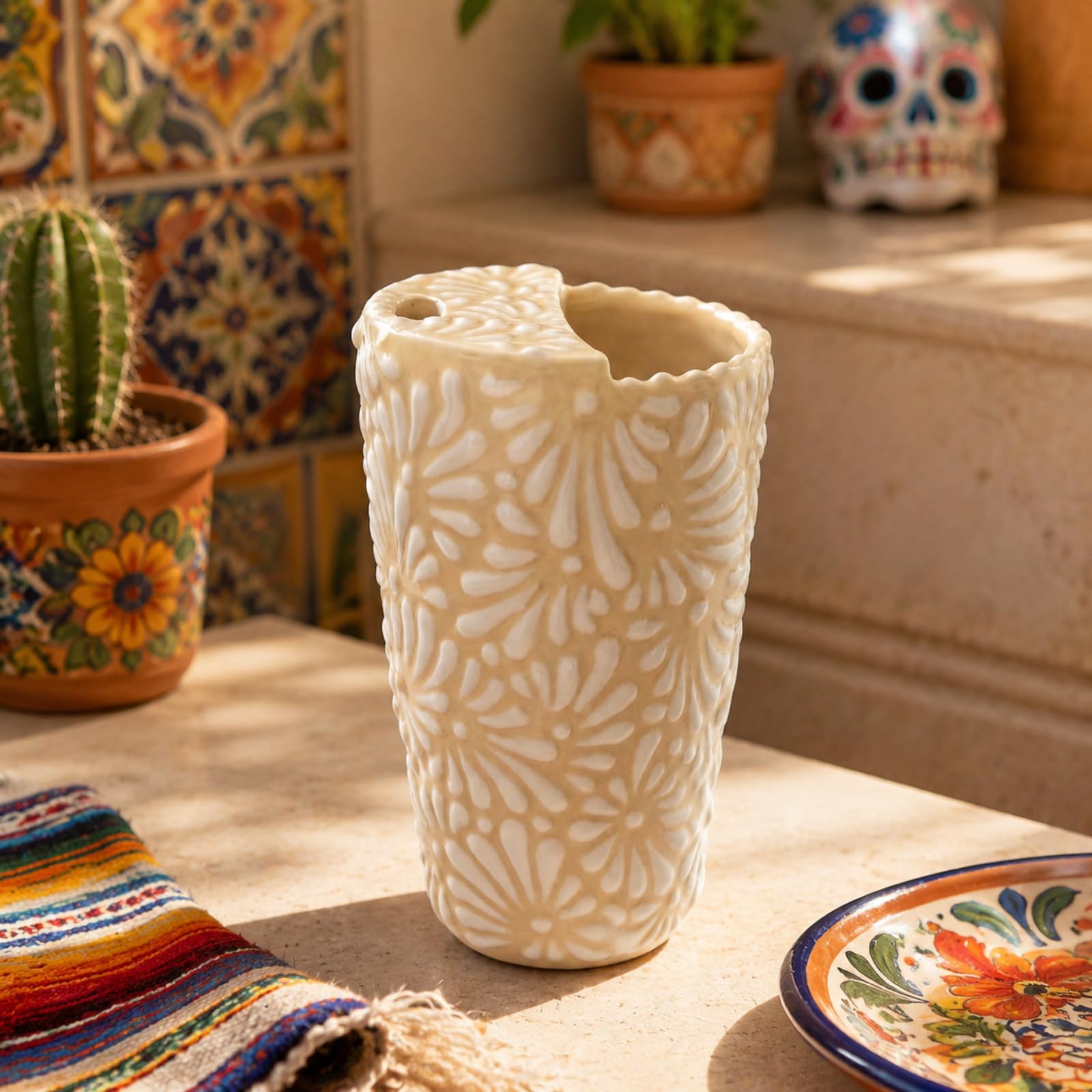 Ferrochef 11oz Talavera Mexican Coffee Mug with Sip Hole, Embossed Textured