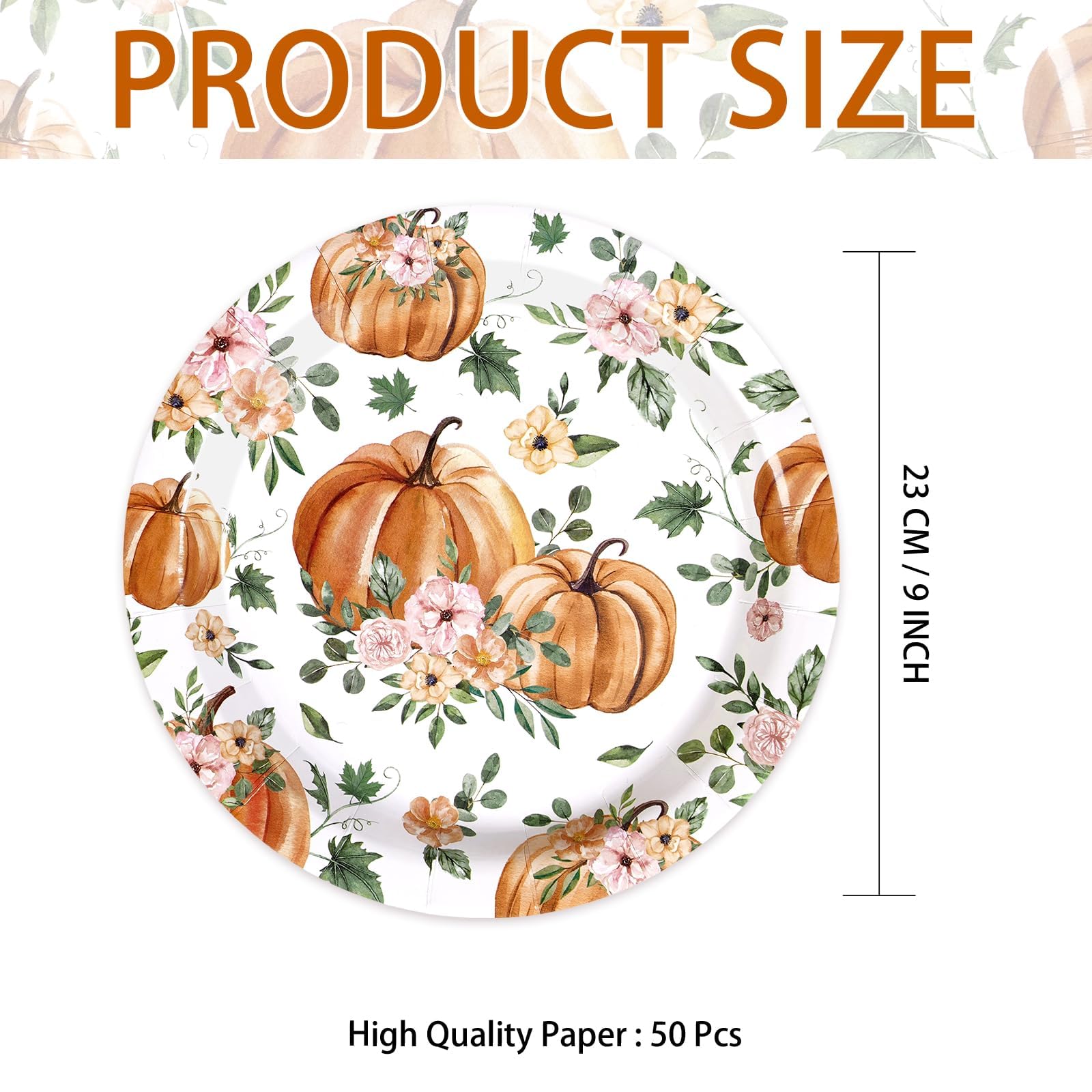 Grencian 50Pcs Fall Pumpkin Paper Plates 9 Pink Floral Pumpkin Party Plates Watercolor Disposable Autumn Paper Platter for Harve