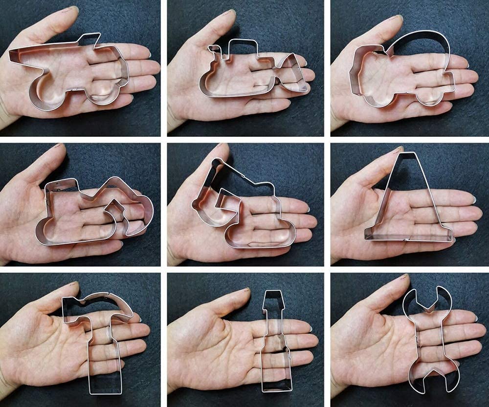 Construction Cookie Cutter Set-3 Inches-9 Piece- Excavator Digger Bulldozer Dump Truck Hammer Wrench Construction Tools Cutters