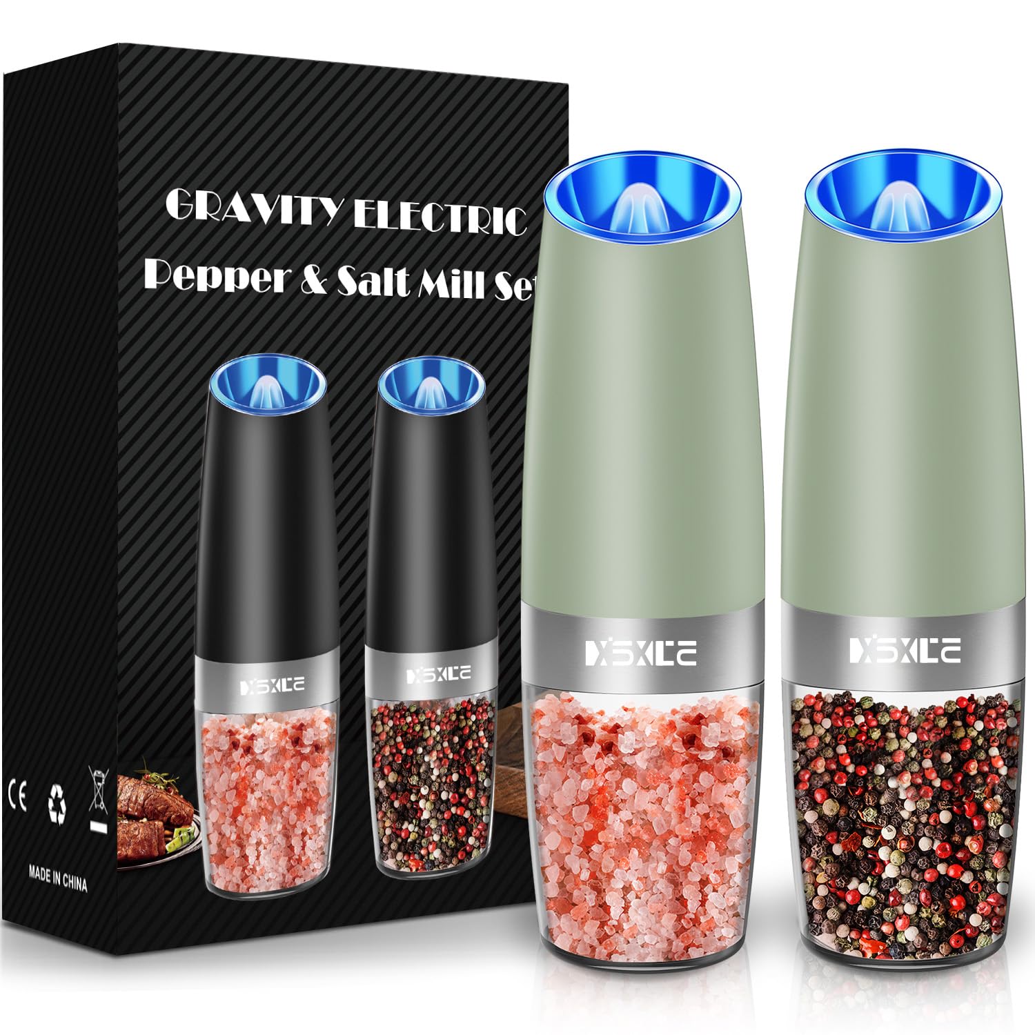 Gravity Electric Pepper and Salt Grinder Set, Adjustable Coarseness, Battery Powered with LED Light, One Hand Automatic Operatio