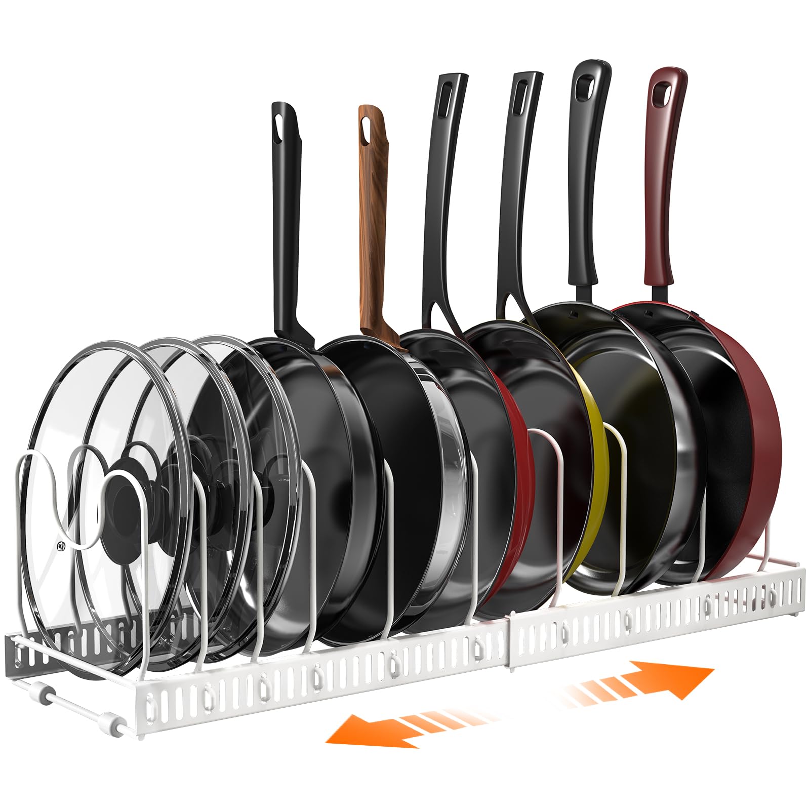 Puricon Expandable Pot and Pan Organizer for Cabinet with 10 Dividers, Adjustable Pots and Pans Organizer Rack Pan Lid Cookware 