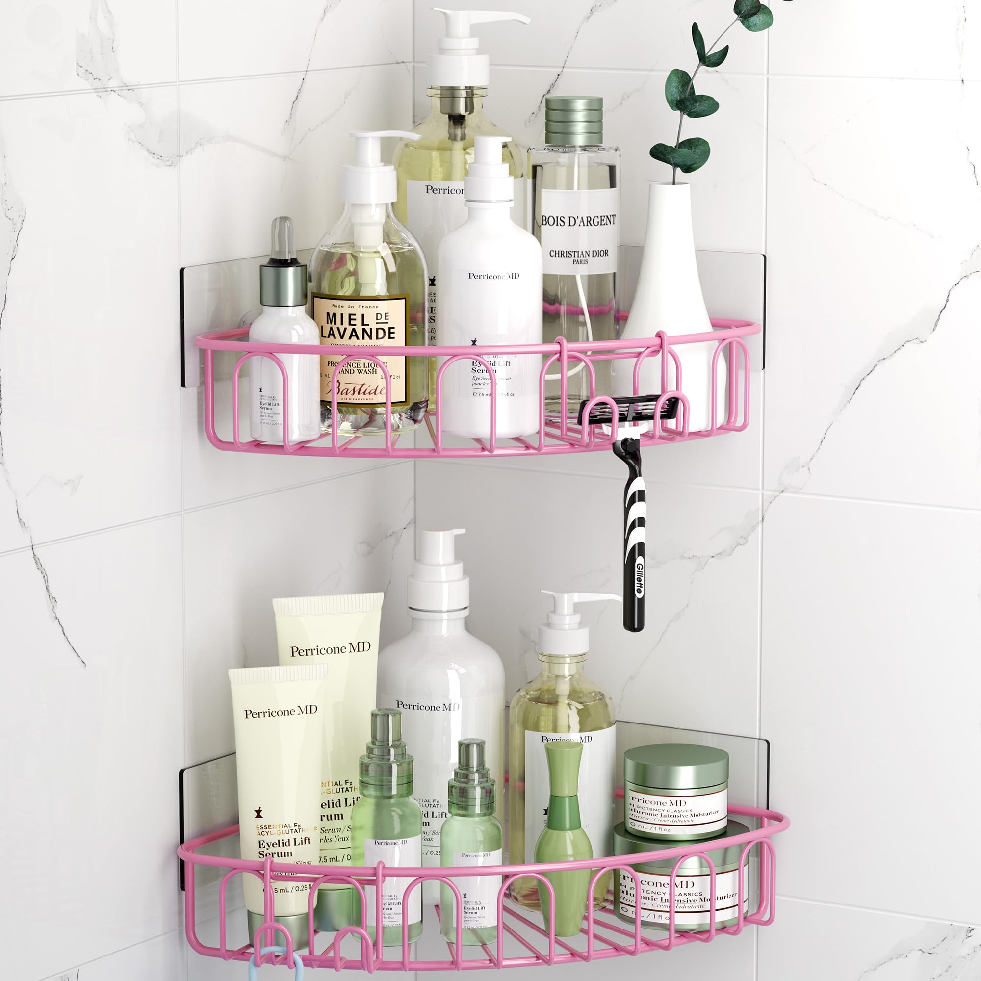 Orimade Corner Shower Caddy With 2 Hooks Wall Mounted Metal Bathroom Shelf Storage Organizer Adhesive No Drilling 2 Pack, Pink O