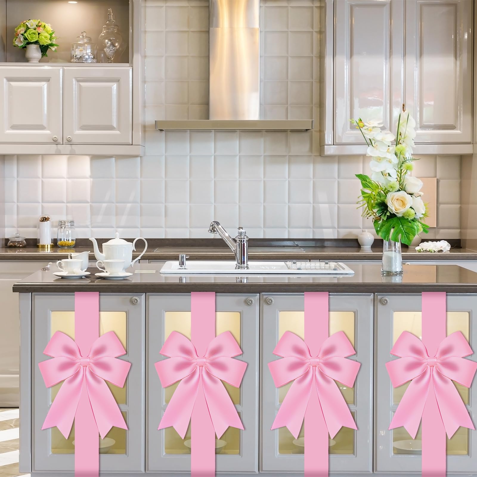 WILLBOND 6 Pieces Pink Christmas Cabinet Ribbons Bows Large Pink Bow Christmas Door Kitchen Cabinet Ribbon Bows Locker for Xmas