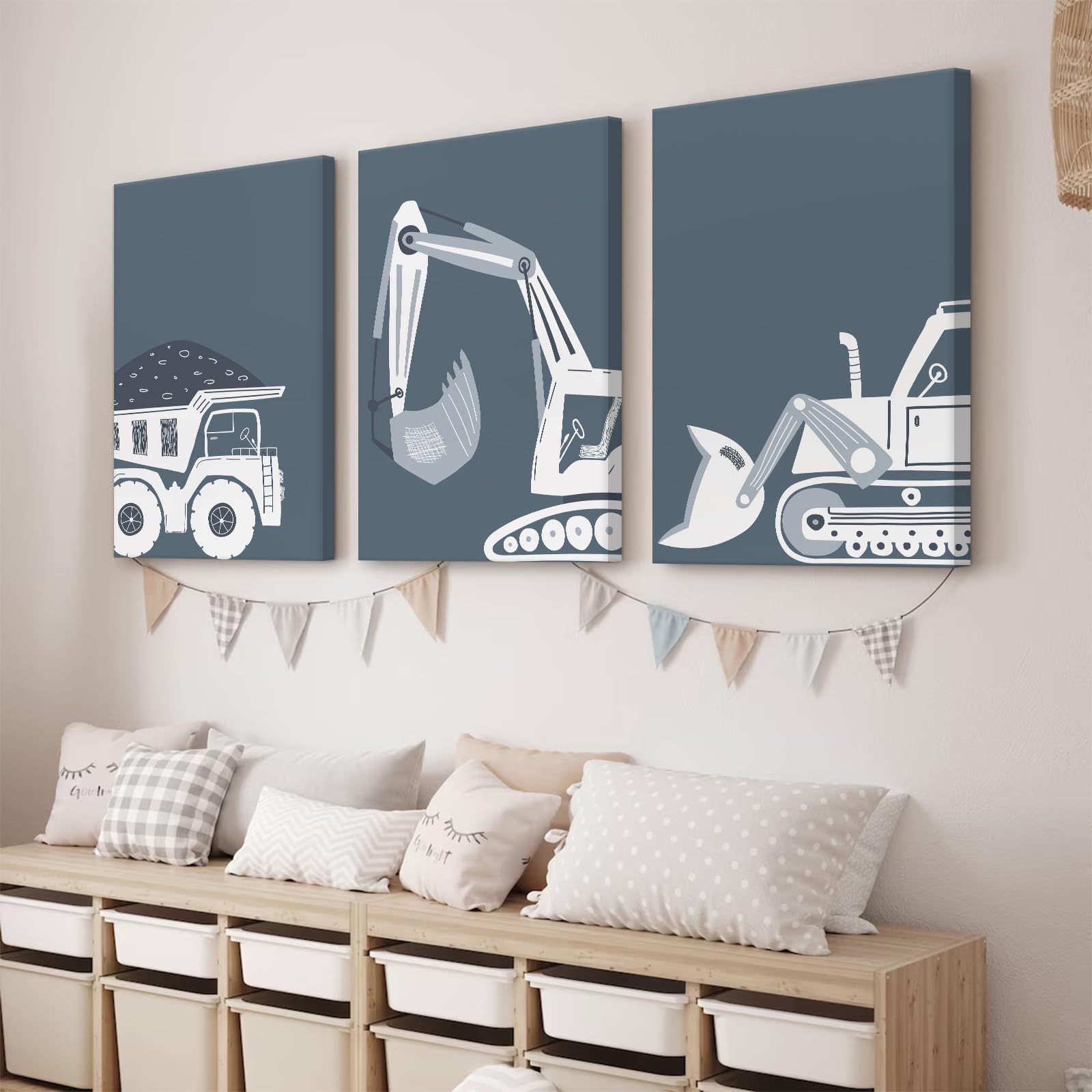 Construction Truck Wall Art Decor Toddler Boys Room Canvas Posters Tractor Vehicle Wall Art Nursery Pictures Prints Dump Truck W