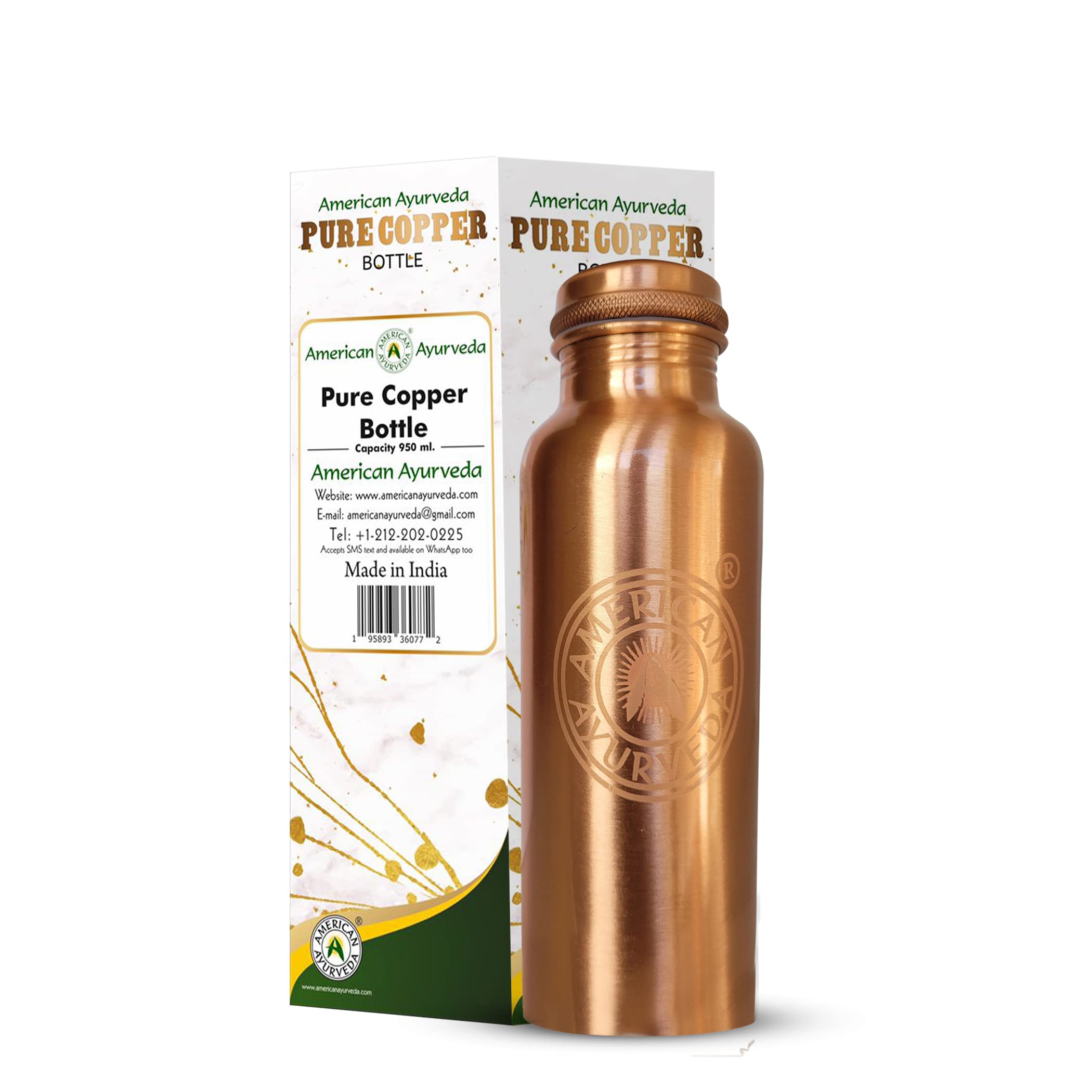A American Ayurveda 100% Pure Copper Water Bottle Jointfree, Leakproof, Tumbler, Flask, Yoga, Natural Ayurveda Health Benefits, 
