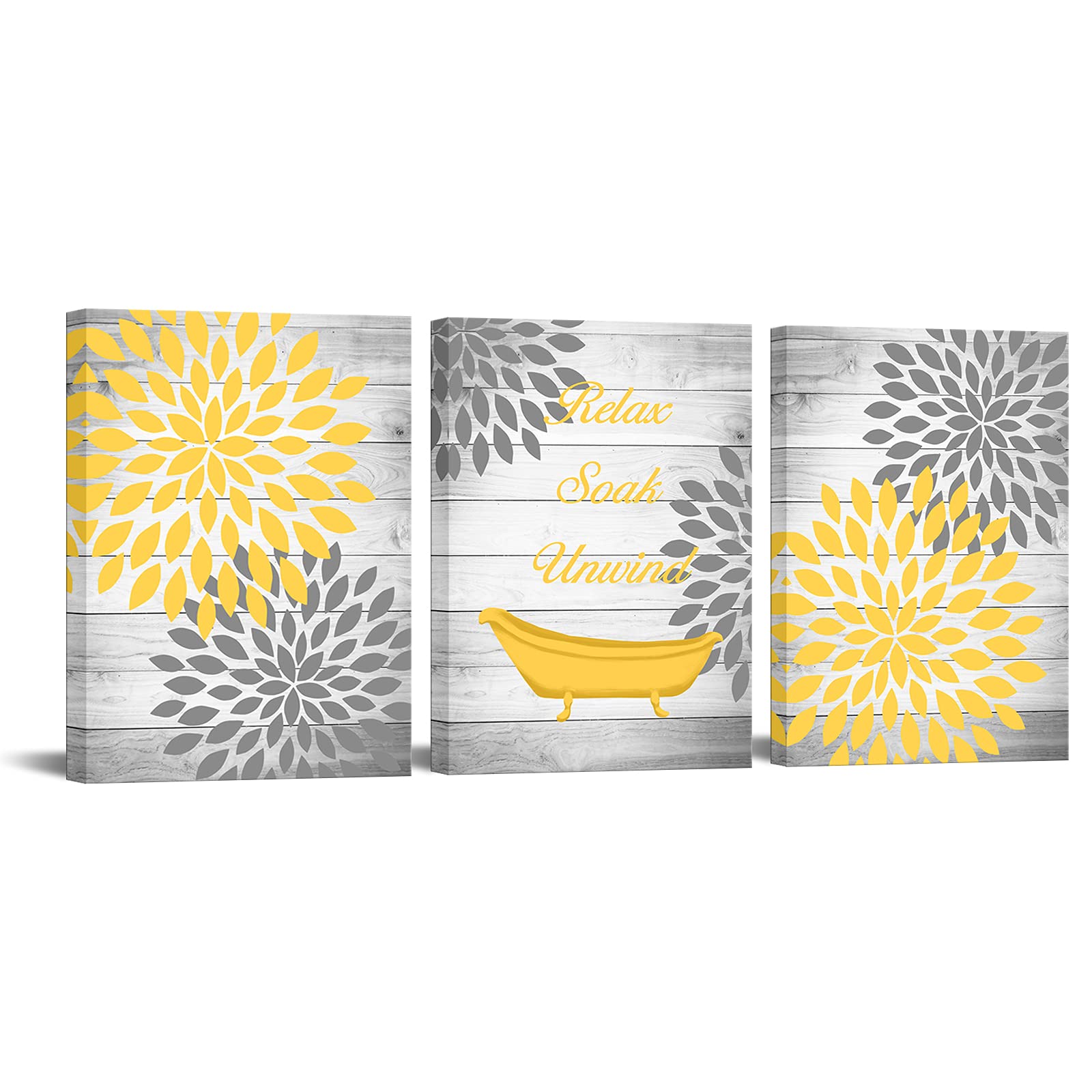 Ryounoart 3 Pieces Yellow Gray Bathroom Wall Art Prints Dahlia Flowers Relax Soak Unwind Signs On Rustic Wood Background Canvas