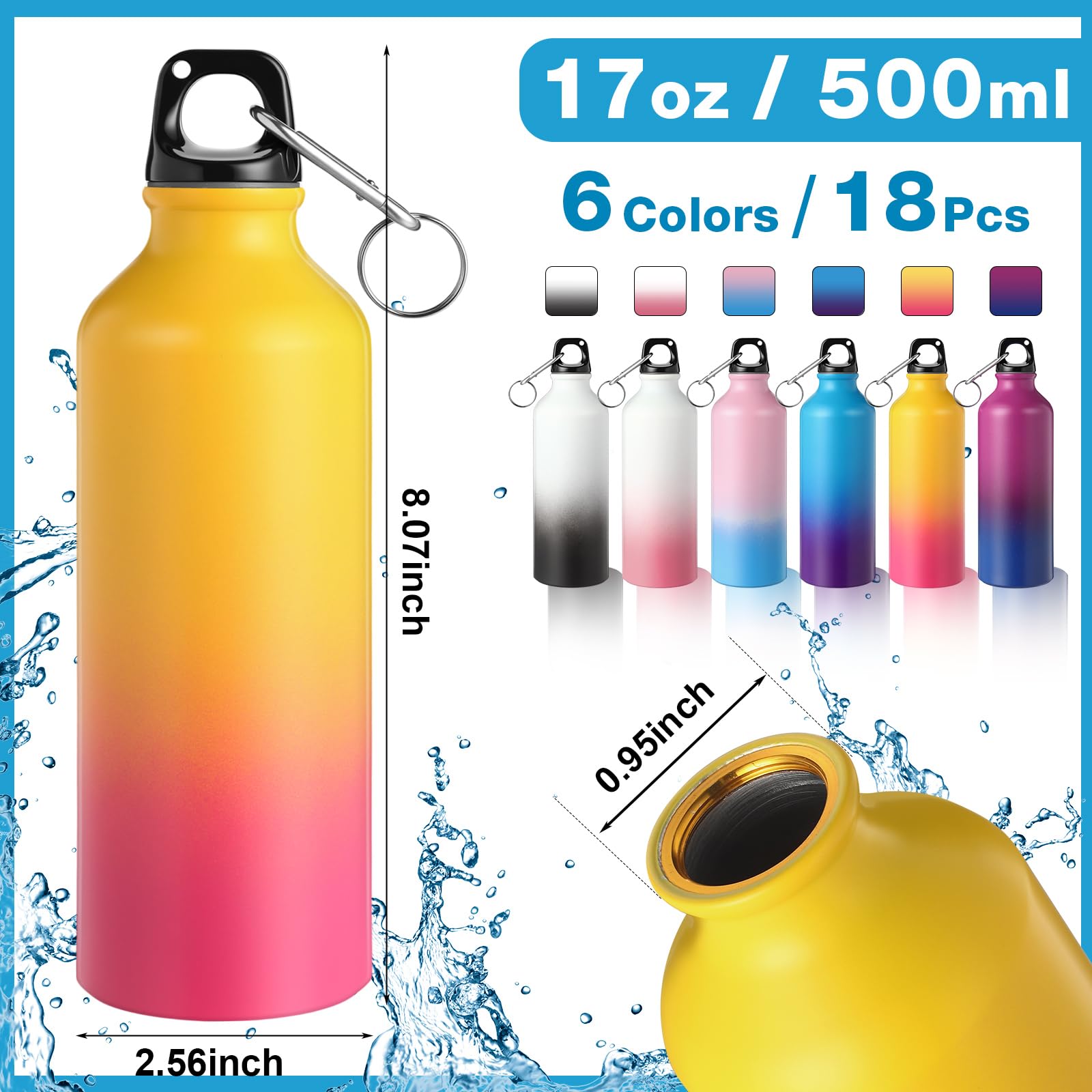 Potchen 18 Pcs Water Bottles Multipack Aluminum Bulk Operation Christmas Charity Gifts Metal Reusable Lightweight Sport School L