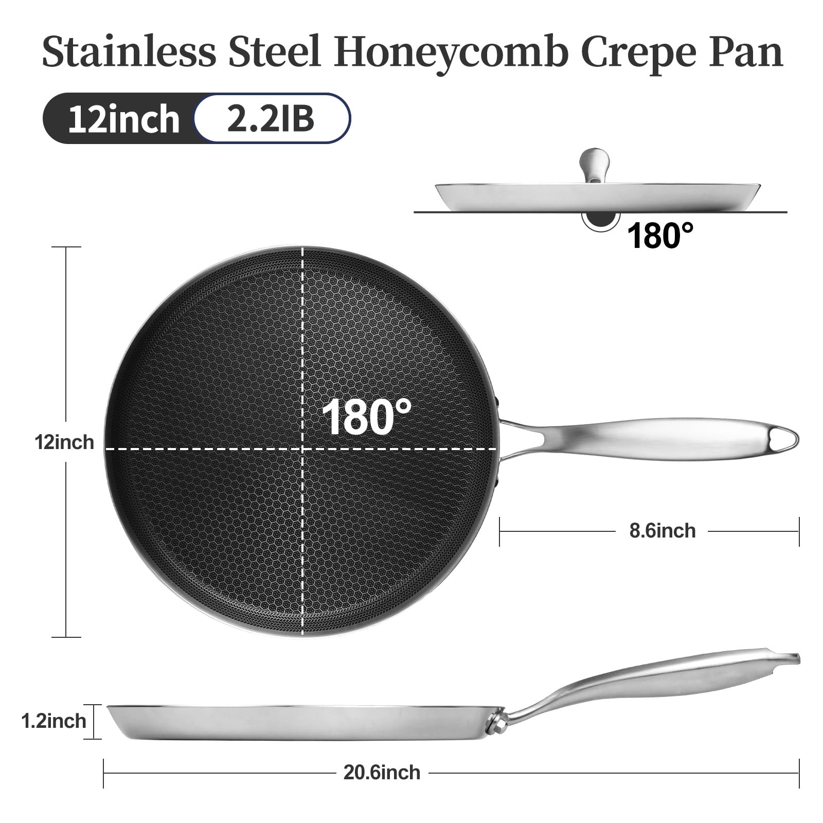 Innerwell Stainless Steel Crepe Pan - 12 Inch Nonstick Crepe Pan, Stainless Steel Honeycomb Coating Pancake Pan, Non Stick Flat