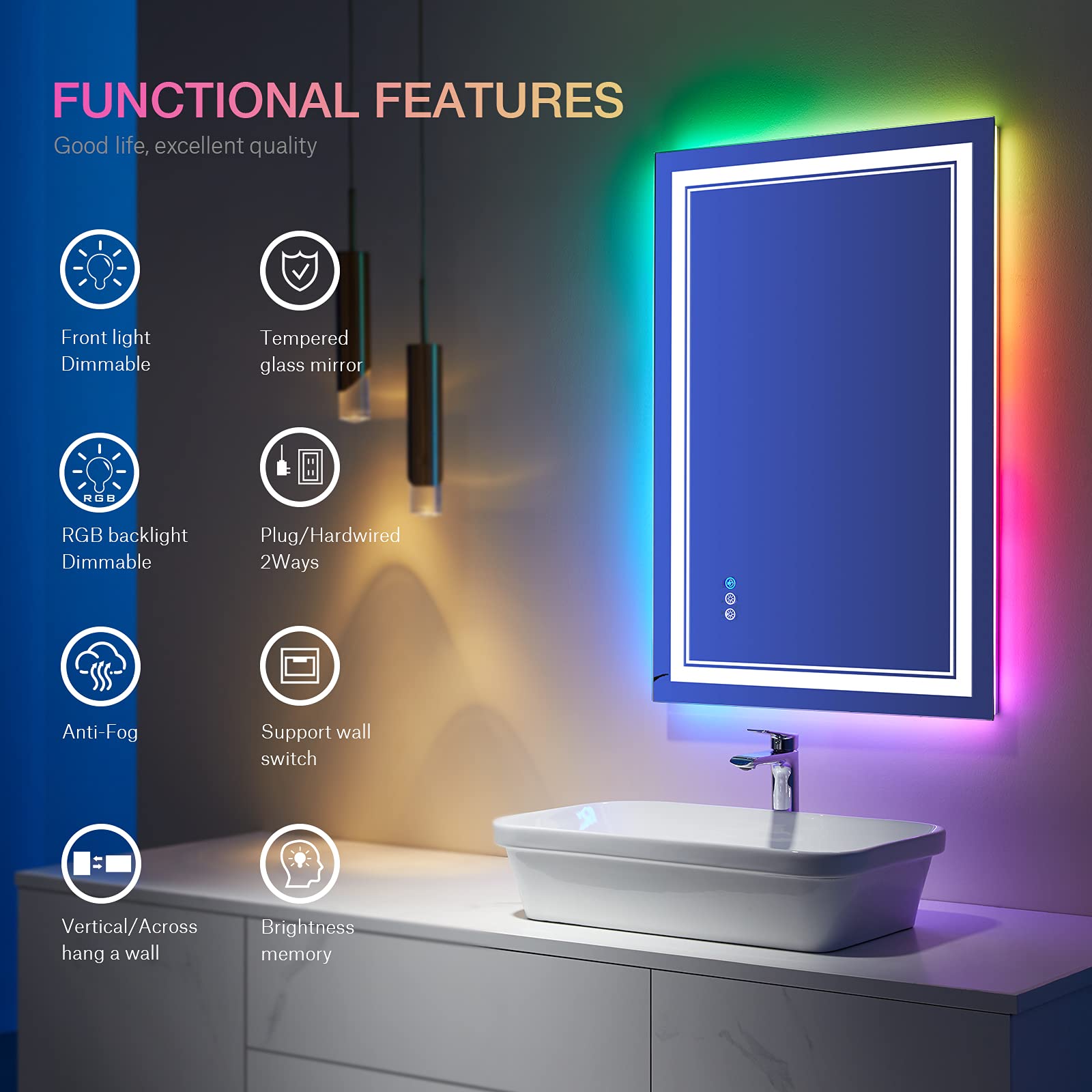 ISTRIPMF 24x36 inch RGB LED Bathroom Mirror with Lights  Colorful Changing Lighted Mirror  Shatterproof Dimmable Anti-Fog LED Vanity Mirror for Bathroom (RGB Backlit + Front-Lit)