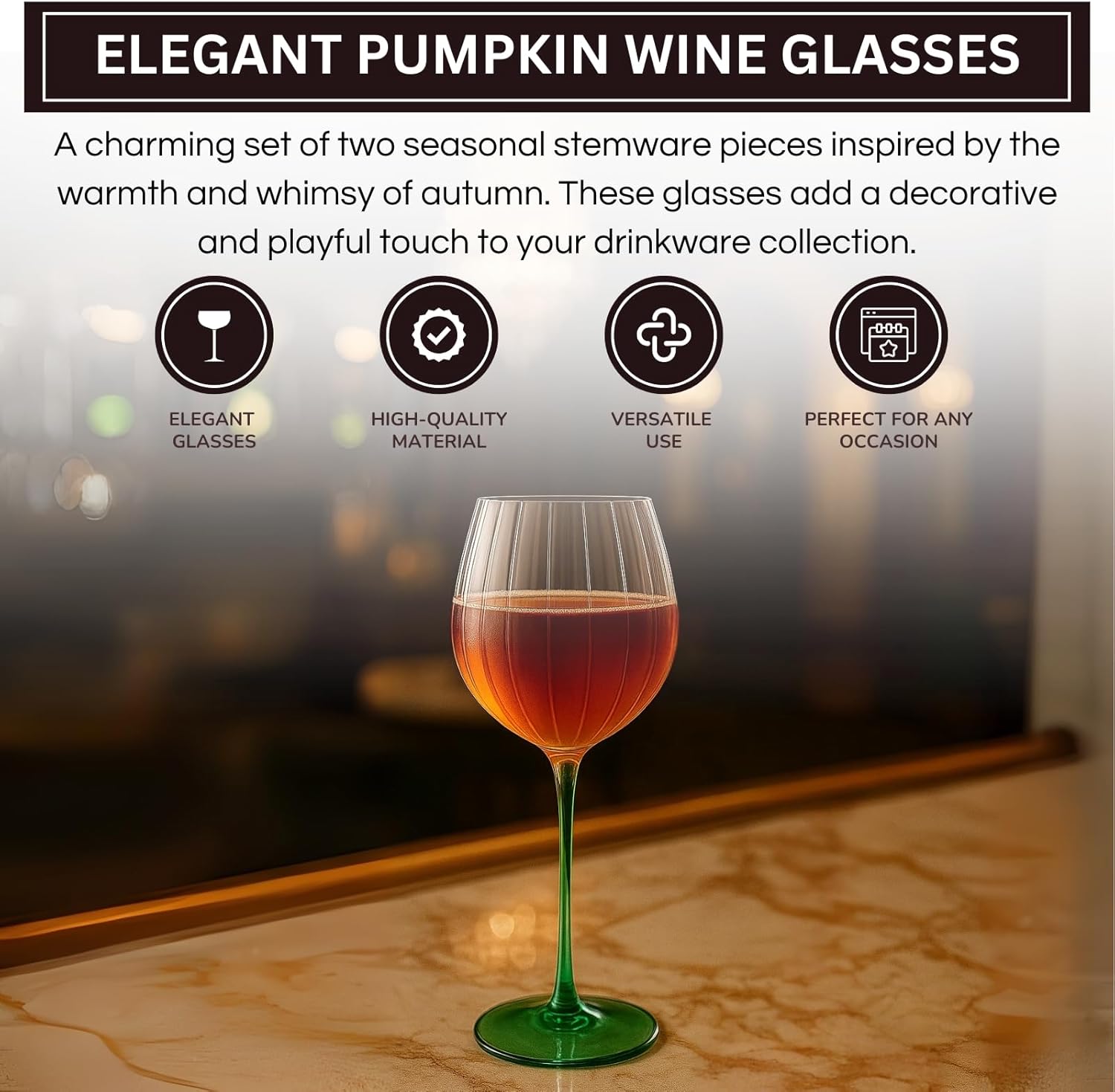Khen Pumpkin Wine Glasses Fall Inspired Lightweight - Set of 2 Orange & Green