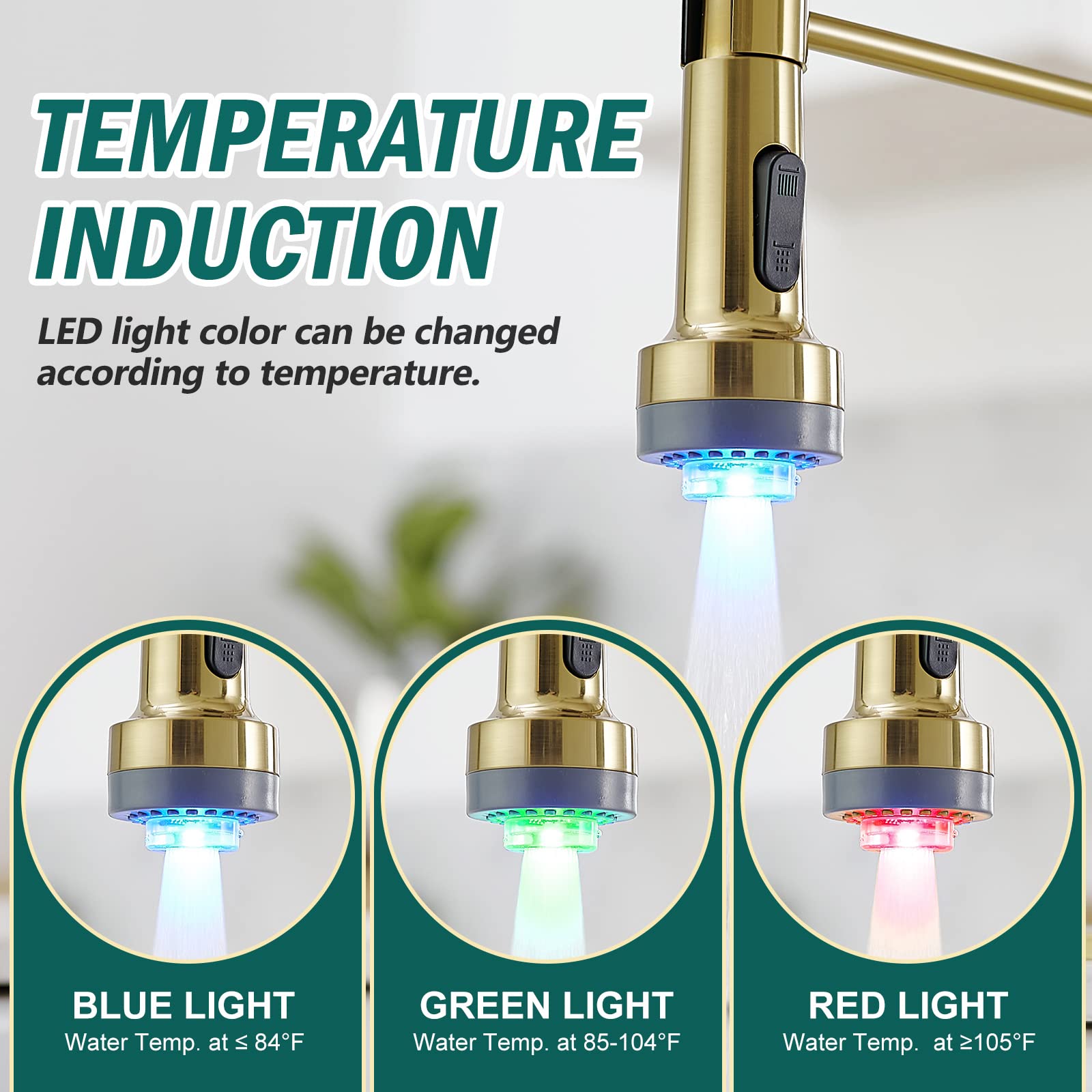 Hoimpro Led Gold Spring Kitchen Faucet With Pull Down Sprayer, Rv Kitchen Sink Faucet With Pull Out Sprayer,2 Function Single Ha