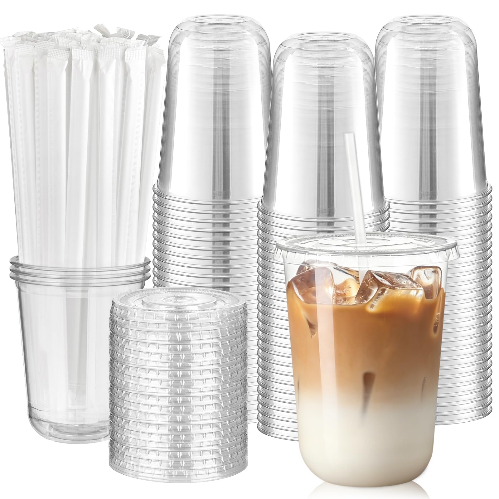 16 oz Round Bottom Clear Plastic Cups with Lids and Straws, 100 Pack