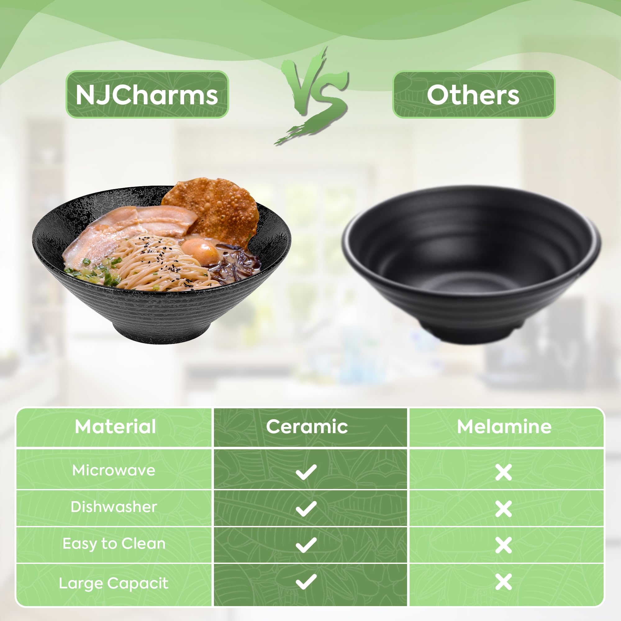 Njcharms Ceramic Ramen Bowl Set Of 2, 60 Oz Japanese Noodle Soup Bowls With Spoons And Chopsticks For Ramen Soup Pho Udon Asian