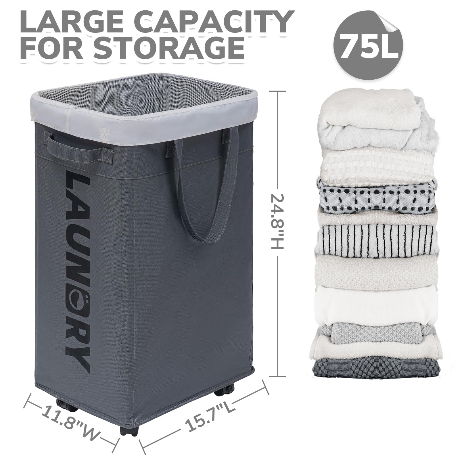 Chicvita Hamper With Wheels 2-Pack, 75L Large Laundry Baskets With Removable Wash Bags, Foldable Laundry Baskets With Slim Desig