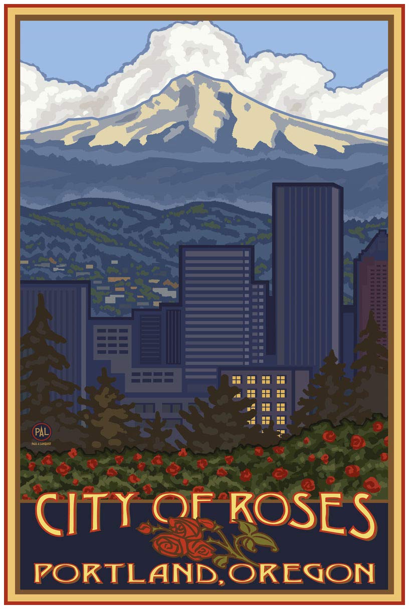 Portland Oregon Skyline Giclee Art Print Poster From Travel Artwork By Artist Paul A. Lanquist 24'' X 36''