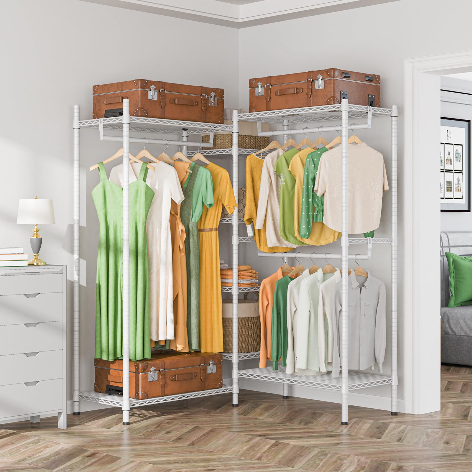 LEHOM G6M Heavy Duty Clothes Rack for Hanging Clothes  Portable Garment Rack Compact Size Closet Organizer  Freestanding Metal Clothing Rack Wardrobe Closet with Storage Shelves for Bedroom  White