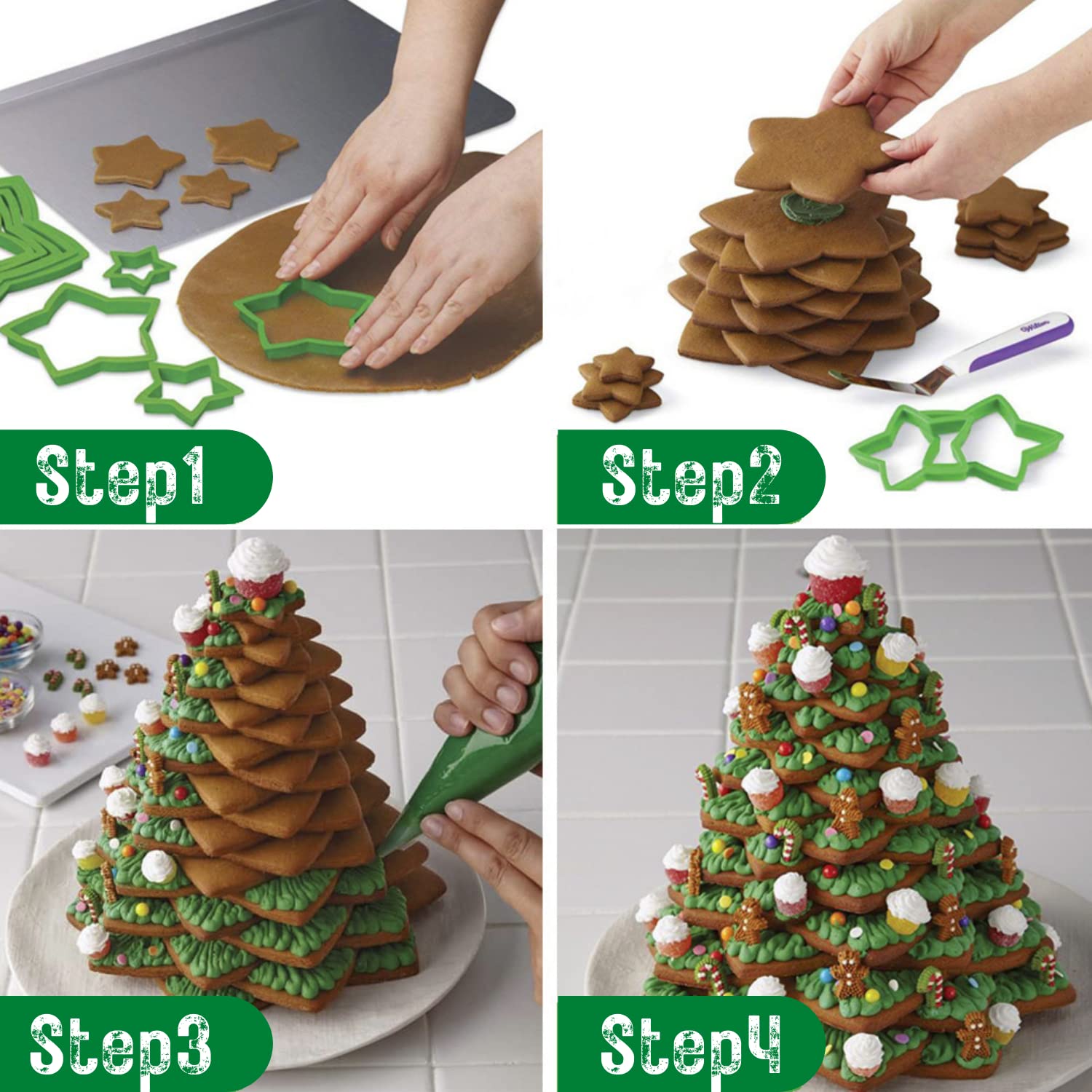 Kaishane 10Pcs 3D Christmas Tree Cookie Cutter Set-Star Cookie Cutters Xmas Decoration Fondant Donut Cookie Cutters Kit For Chri