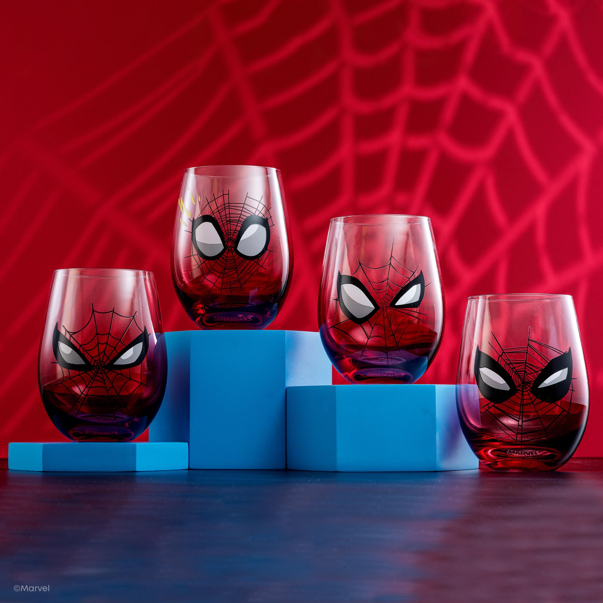 JoyJolt Marvel Spider-Man Spidey-Sense Stemless Drinking Glasses, 19oz Superhero Glass Tumblers, Set of 4 Drink Glasses, Marvel