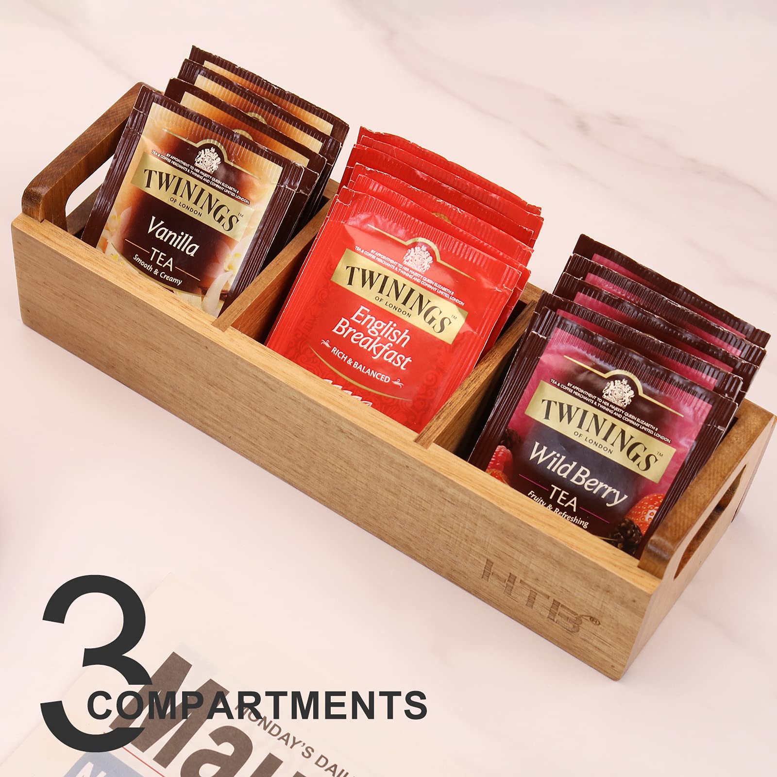 Htb Small Tea Bag Box Wooden, 3 Compartments Acacia Wood Tea Bag Chest With Handle, Mini Countertop Divided Storage Container Fo
