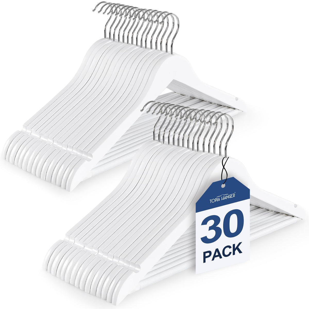Topia Hanger Wooden Coat Hangers 30 Pack, White Wood Suit Hangers With Non Slip Pants Bar, 360 Swivel Hook And Shoulder Notches