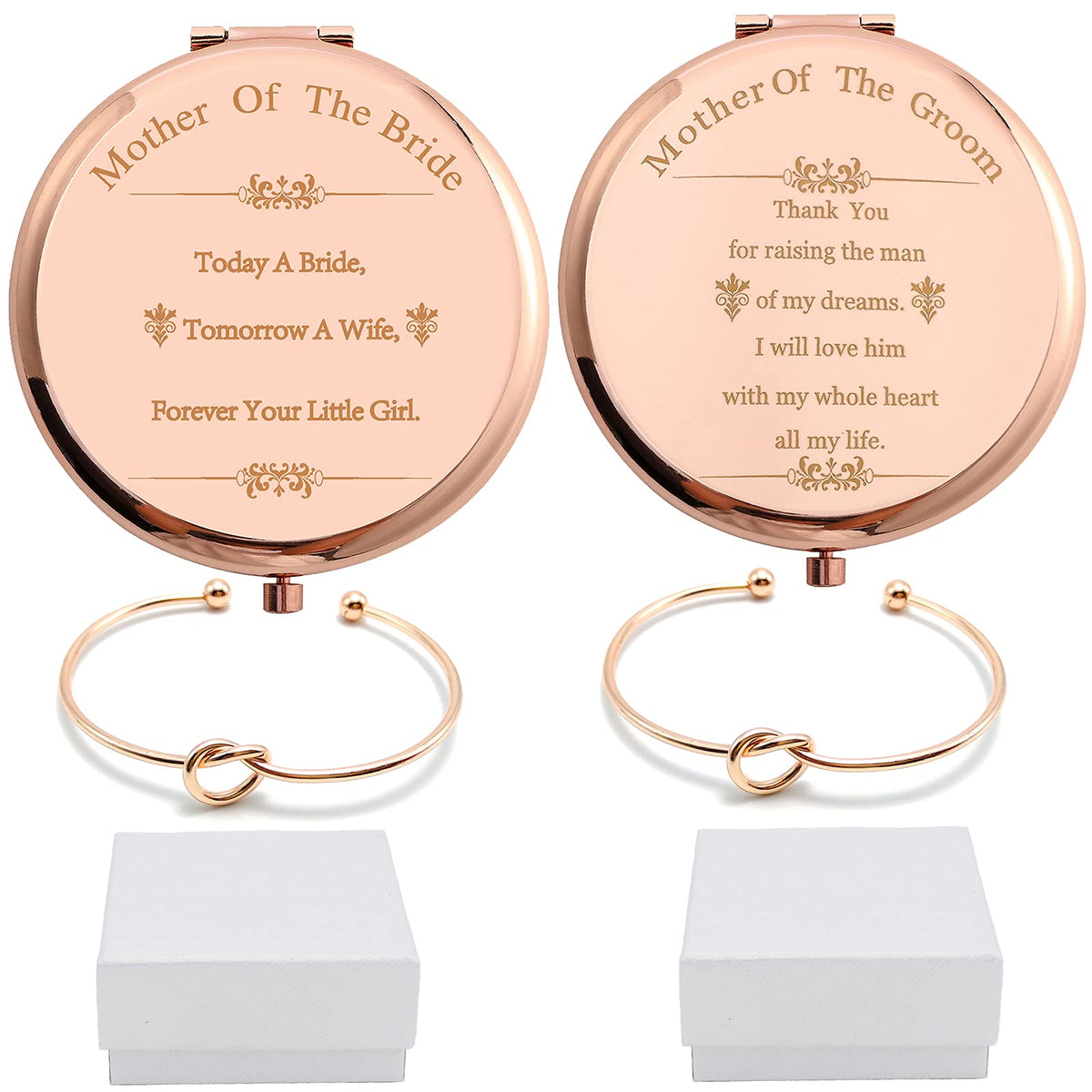 Pack Of 2 Mother Of The Bride & Mother Of The Groom Mirrors Gifts Set Rose Gold Stainless Steel Compact Pocket Makeup Mirror Wit