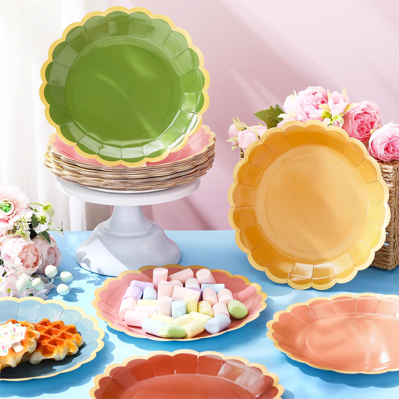 Tiangrid 48 Pcs Fall Wildflower Color Paper Plates 9 Inch Colorful Boho Scalloped Paper Disposable Dinner Dessert Plates for Aut