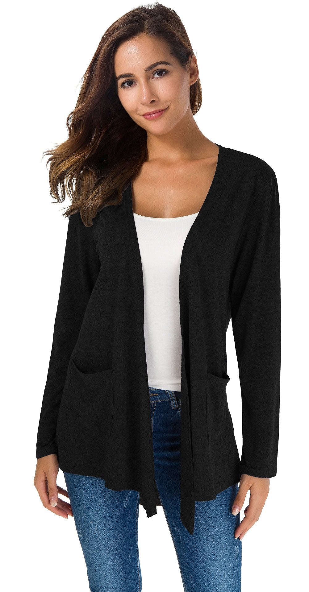 Towncat Cardigans For Women Loose Casual Long Sleeved Open Front Breathable Cardigans With Pocket (Black,M)