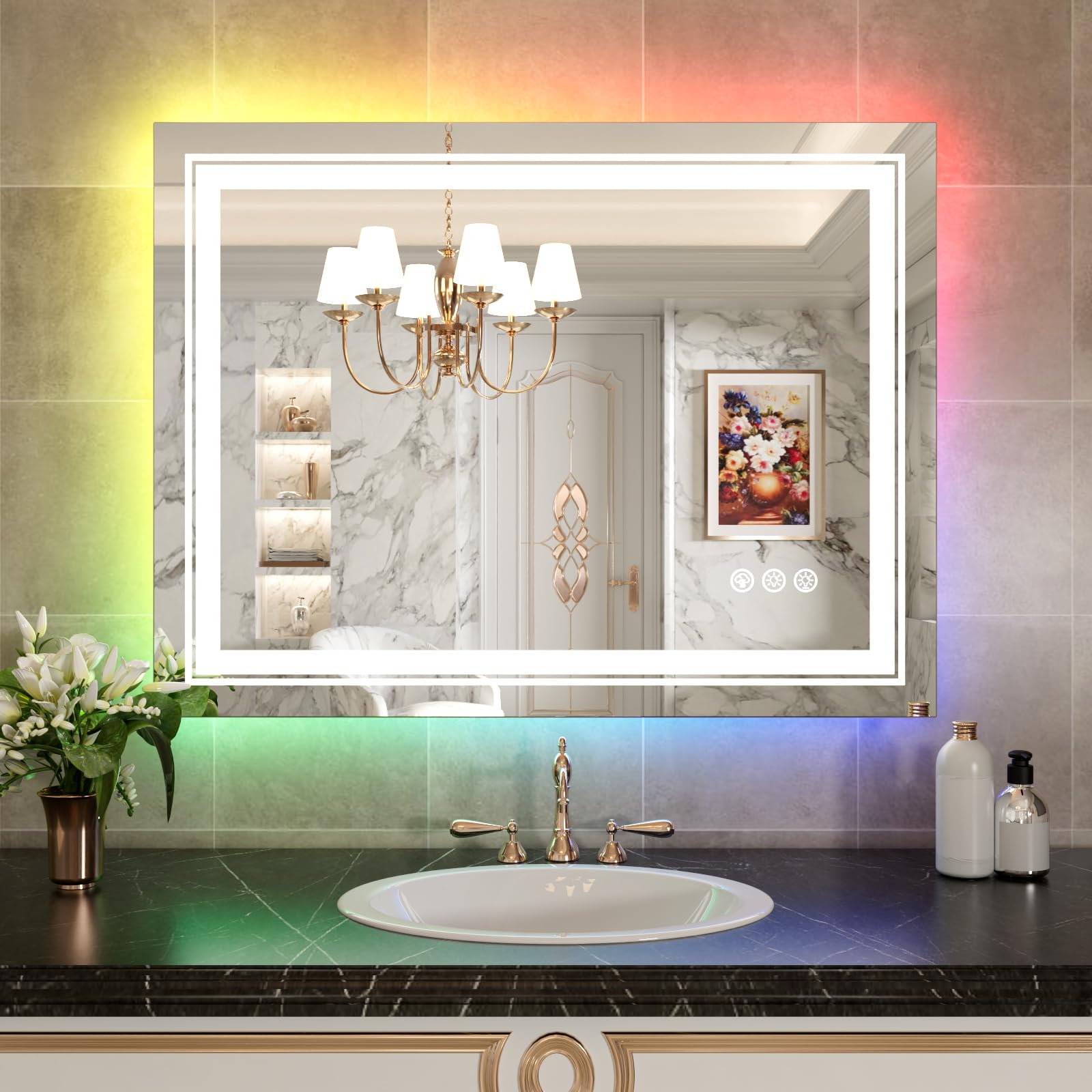 Wtty Led Bathroom Mirror 40''X36'' With Rgb Backlit And Front Light,Stepless Dimmable Led Mirror For Bathroom,Lighted Bathroom V