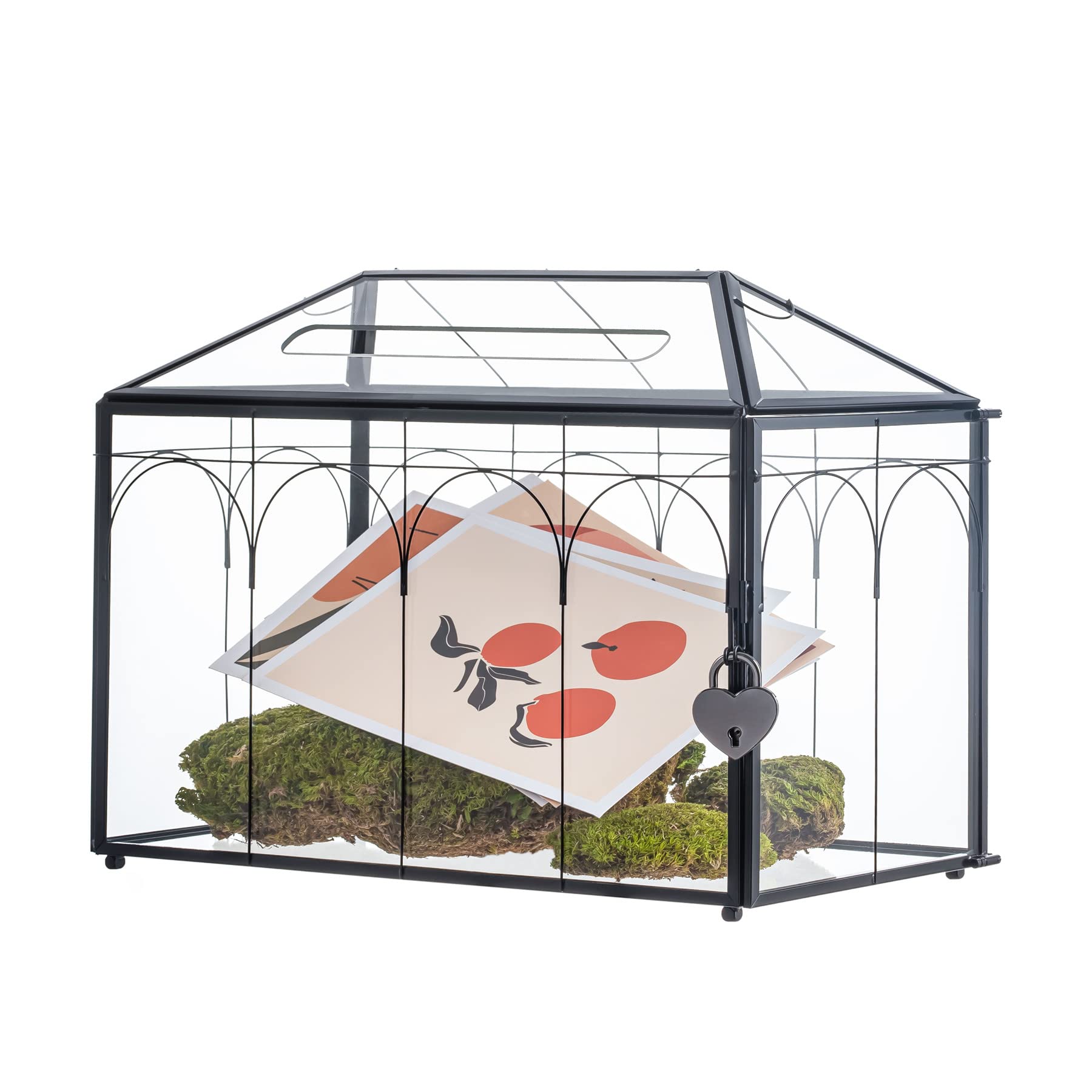 NCYP Wedding Glass Cards Box with Slot and Lock - 12.6 x 5.9 x 9 - Vintage Indoor Tabletop Geometric Terrarium, Black Card Holde