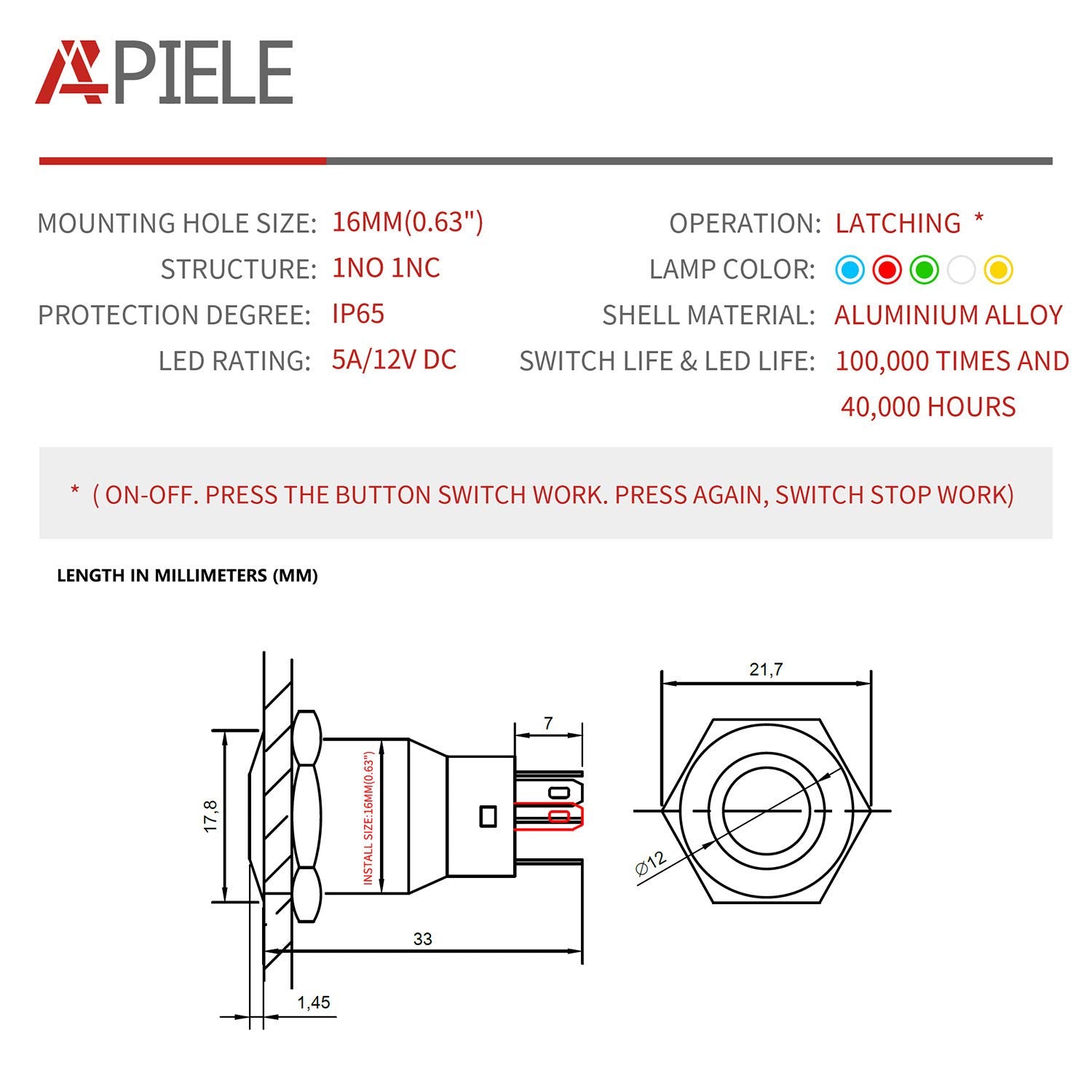 Apiele 16Mm Latching Push Button Switch 12V Dc On Off Black Shell With Led Angel Eye Head For 063 Mounting Hole With Wire Socket