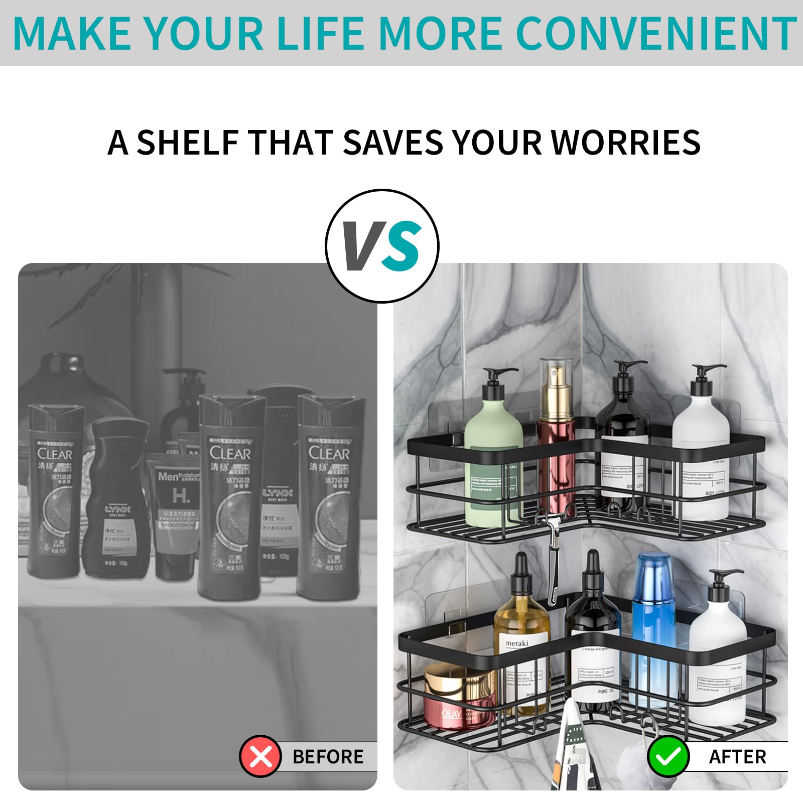 Yazoni Corner Shower Caddy, 4-Pack Adhesive Shower Shelves With Soap Holder No Drilling, Rustproof Bathroom Shower Organizer Sto