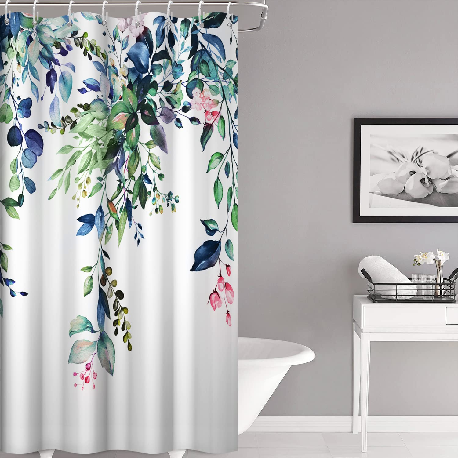 Ruelvth Green And Blue Eucalyptus Shower Curtain, Watercolor Spring Plant Leaves With Floral Shower Curtain Waterproof Fabric Sh