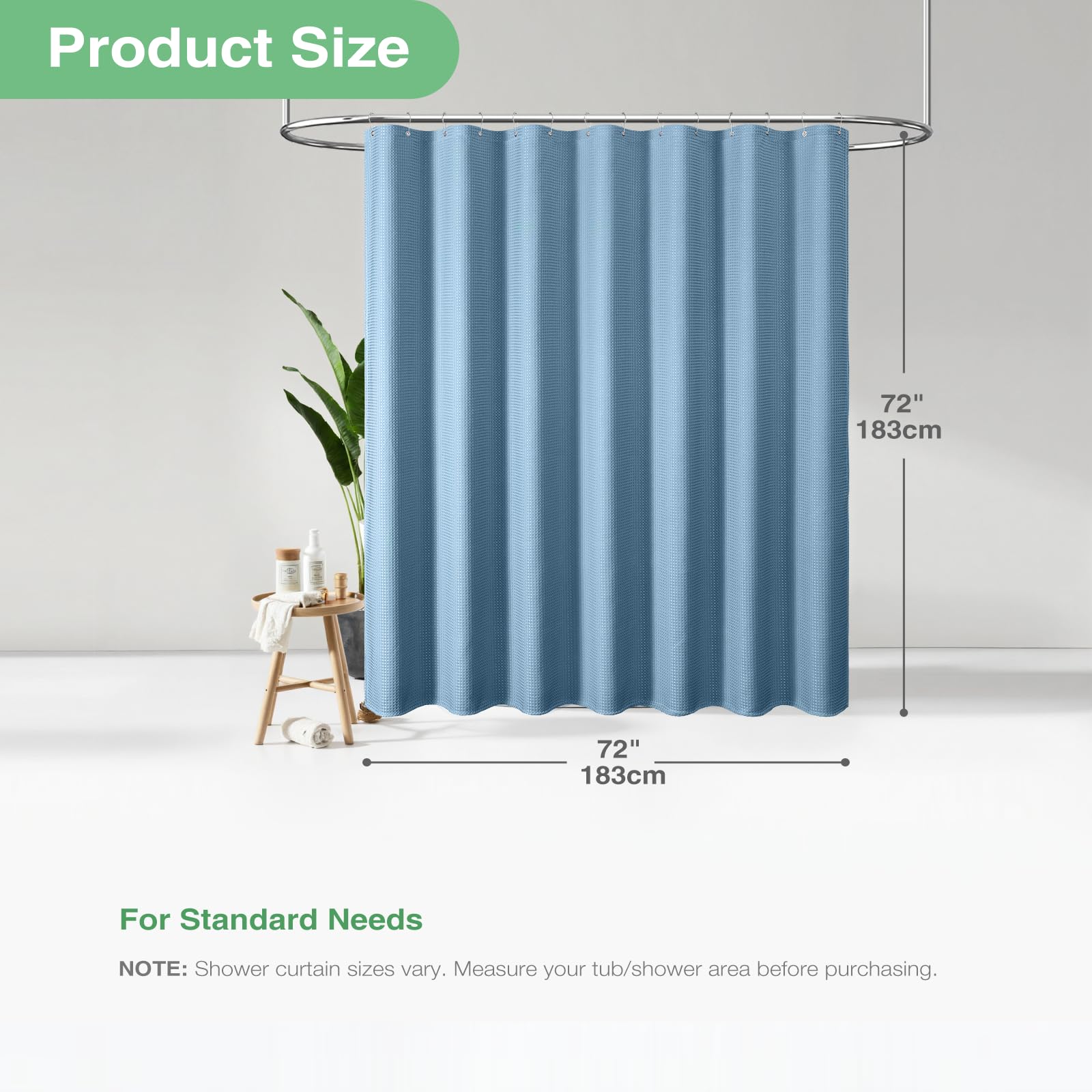 Dynamene Blue Fabric Shower Curtain - Waffle Weave Textured Heavy Duty Cloth Shower Curtains for Bathroom  256GSM Hotel Luxury Weighted Bath Curtain Set with 12 Plastic Hooks 72x72  Moonlight Blue