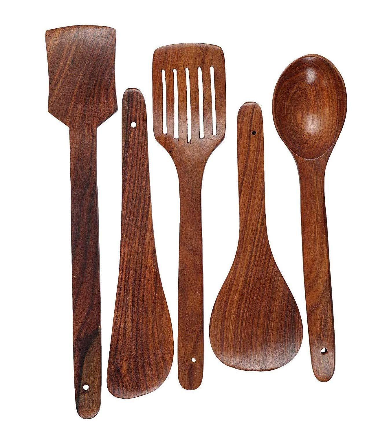 Pass Pass Handmade Wooden NonStick Serving And Cooking Spoon Kitchen Tools Utensil, Set Of 5