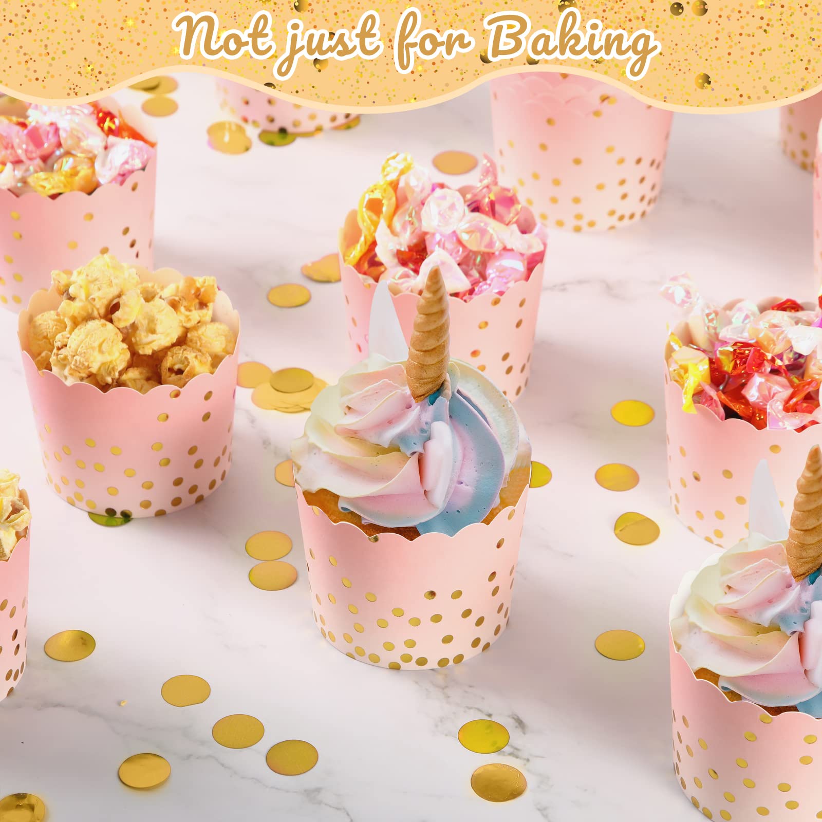 100 Pcs Pink Cupcake Liners 4.5 Oz Gold Polka Dot Paper Baking Cups For Muffins Desserts Bake, Easter, Baby Showers, Wedding And