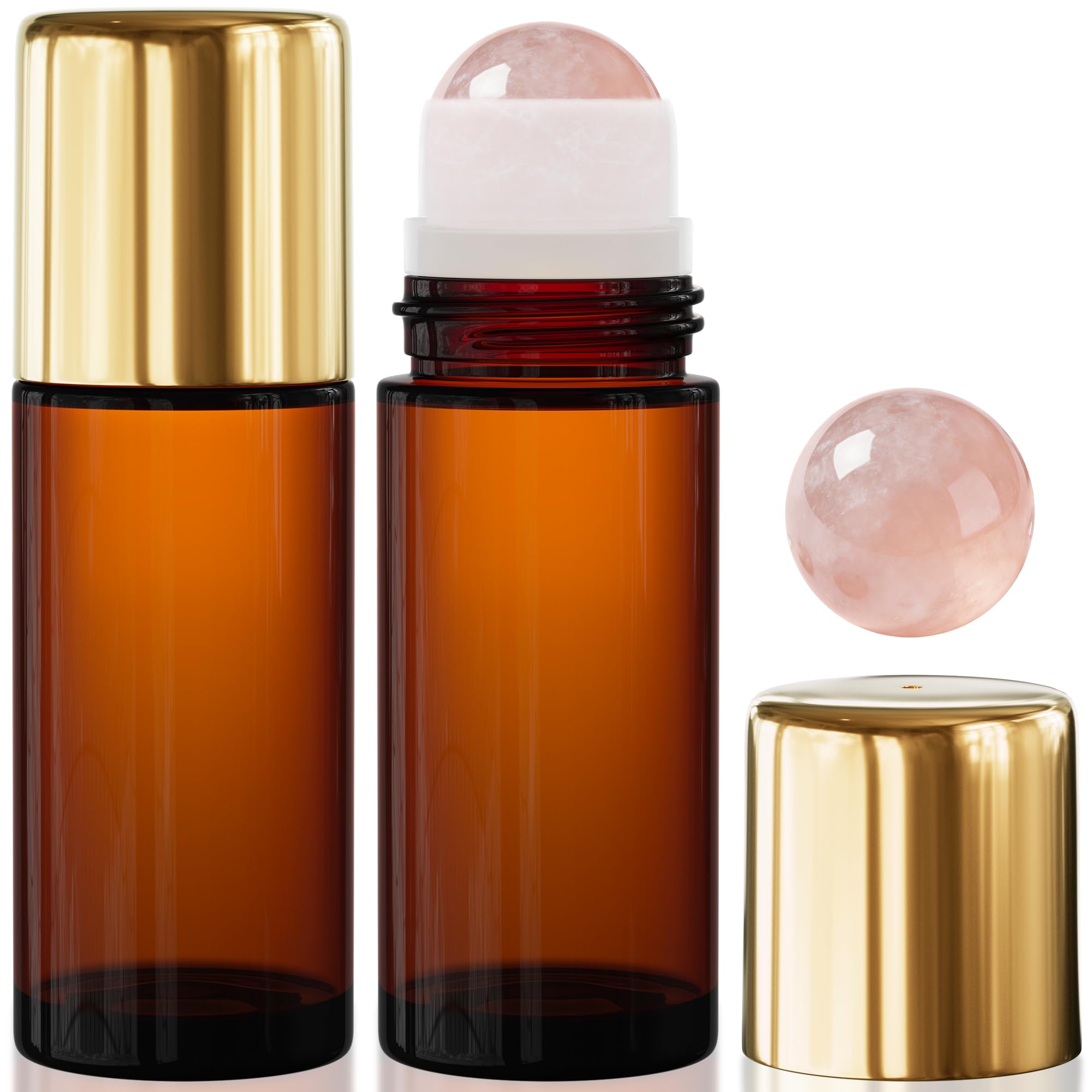 PrettyCare Rose Quartz Roller Bottles for Essential Oils, 50ml Roll On Bottles with Natural Crystal Roller Ball Applicator, Refi