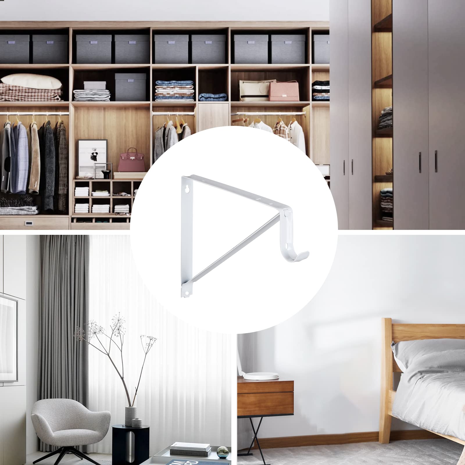 Home Master Hardware Heavy Duty Closet Shelf & Rod Brackets, Wall Mounted Closet Shelves Bracket With Rod Shelving Support, Whit